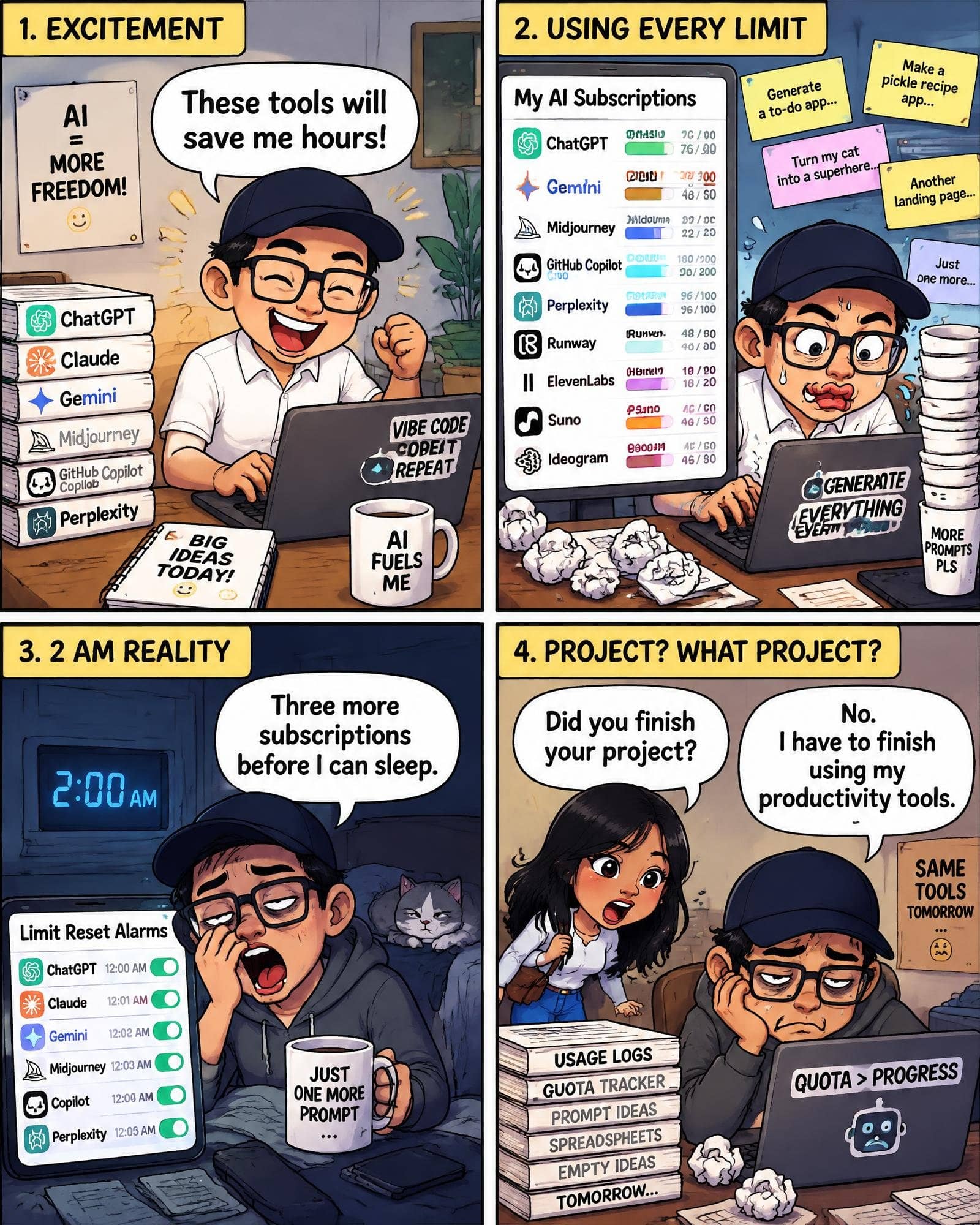 A 4-panel comic about a man overwhelmed by AI subscriptions. Panel 1: Excited with a list of AI tools. Panel 2: Frantically using daily quotas on random ideas with coffee piling up. Panel 3: Exhausted at 2:00 AM setting reset alarms. Panel 4: Looking miserable surrounded by logs as a woman asks if he finished his project, to which he replies he must finish using his productivity tools.