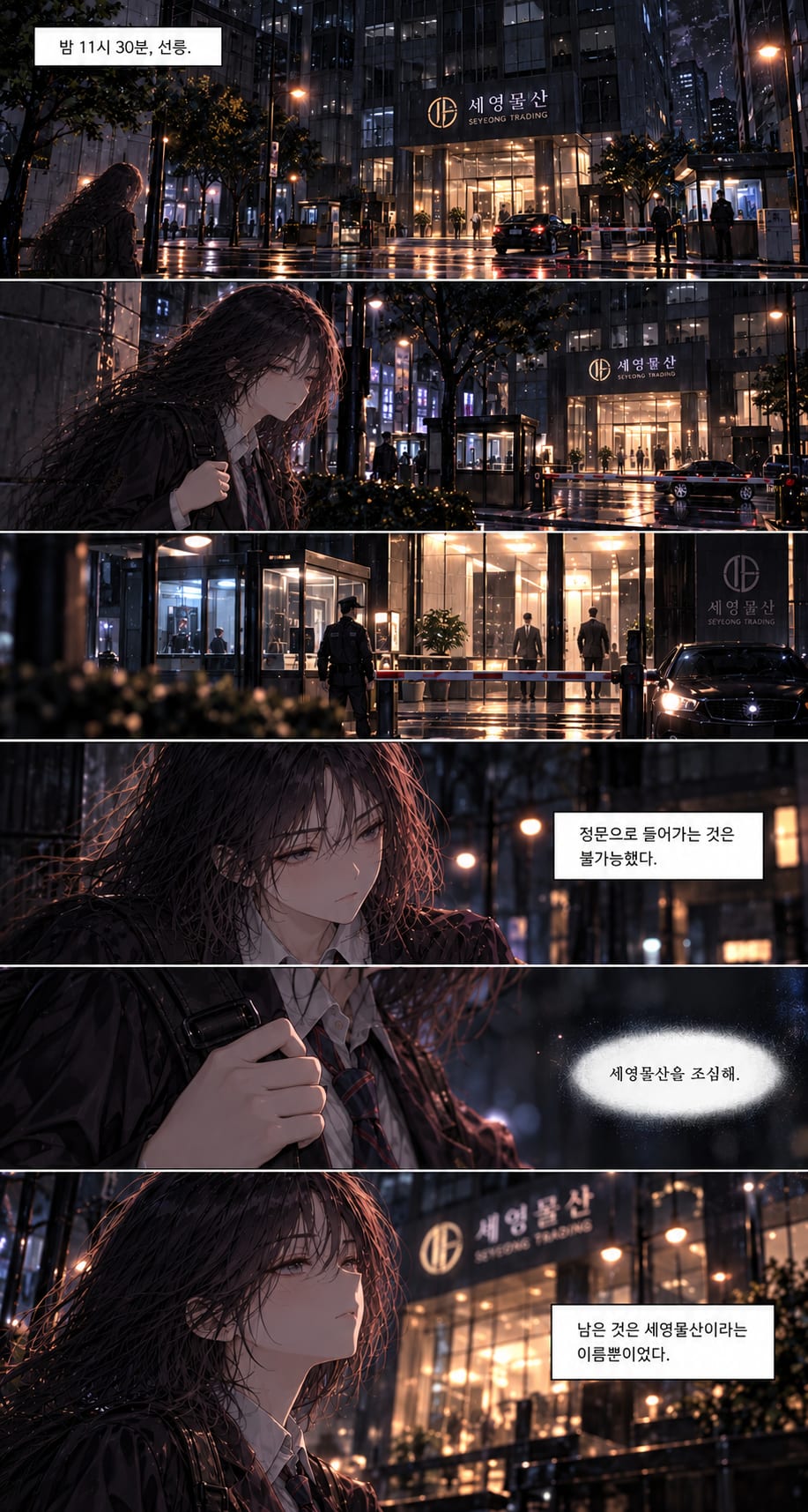 1.
Soyoung waits outside Seyoung Trading on a rainy night. She notices a suspicious man leaving the building and watches him carefully from a distance.
2.
The suspicious man enters a black car. Soyoung quickly gets into a taxi and asks the driver to follow the vehicle through the rain-soaked city.
3.
The taxi follows the black car away from the city toward an isolated industrial area surrounded by fences, concrete walls, and security lights.
4.
Soyoung arrives near the industrial facility and hides behind a concrete wall while observing guards and searching for a safe way to enter.
5.
Staying low to avoid detection, Soyoung examines the perimeter wall and discovers a damaged section that may provide an entry route.
6.
Soyoung slips through an opening in the wall and enters the restricted compound, cautiously moving between dark industrial buildings while avoiding security patrols.
7.
Inside the facility, Soyoung studies signs and sector markings while approaching the B4 area, una — page 1