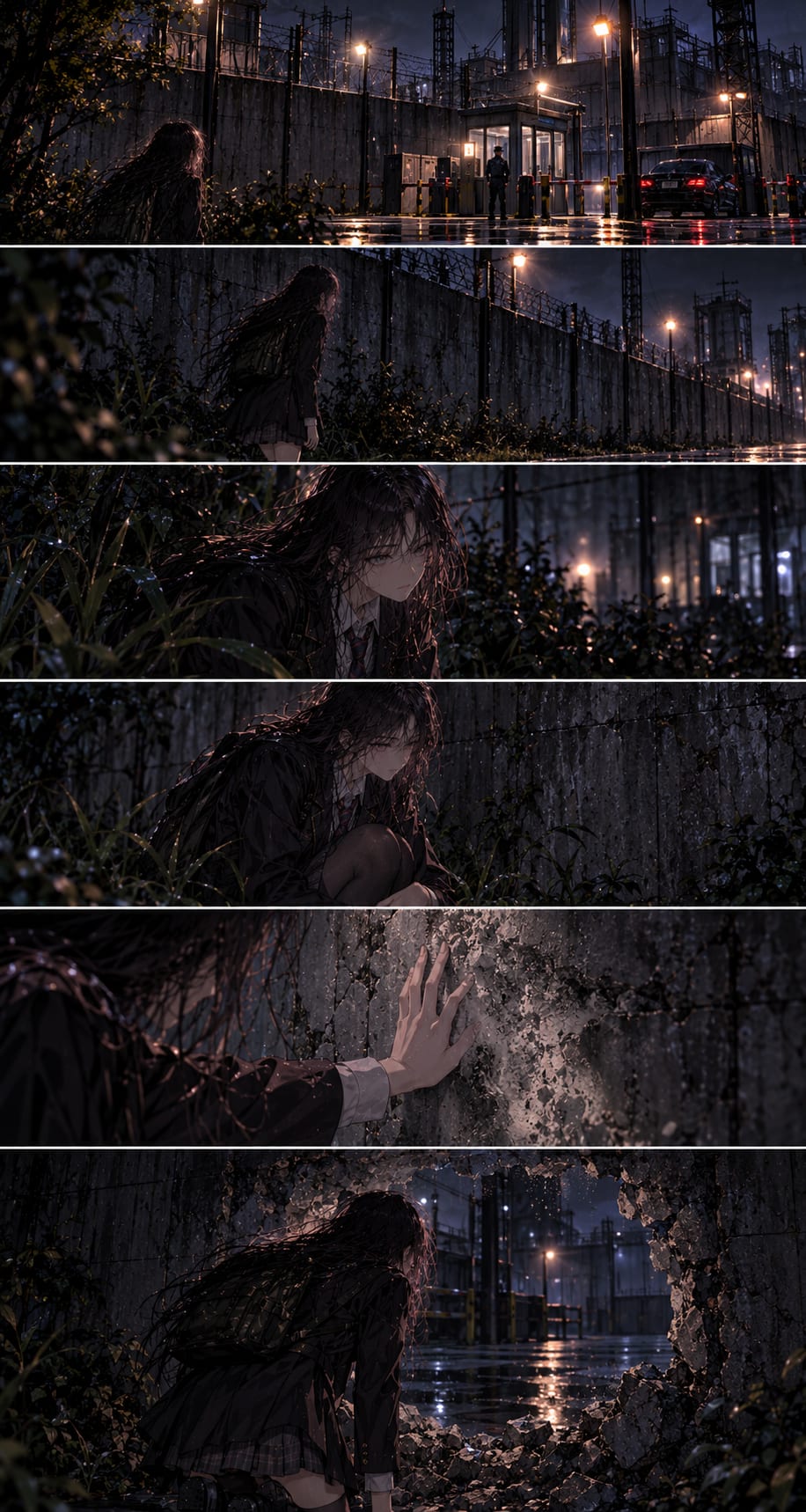 1.
Soyoung waits outside Seyoung Trading on a rainy night. She notices a suspicious man leaving the building and watches him carefully from a distance.
2.
The suspicious man enters a black car. Soyoung quickly gets into a taxi and asks the driver to follow the vehicle through the rain-soaked city.
3.
The taxi follows the black car away from the city toward an isolated industrial area surrounded by fences, concrete walls, and security lights.
4.
Soyoung arrives near the industrial facility and hides behind a concrete wall while observing guards and searching for a safe way to enter.
5.
Staying low to avoid detection, Soyoung examines the perimeter wall and discovers a damaged section that may provide an entry route.
6.
Soyoung slips through an opening in the wall and enters the restricted compound, cautiously moving between dark industrial buildings while avoiding security patrols.
7.
Inside the facility, Soyoung studies signs and sector markings while approaching the B4 area, una — page 5