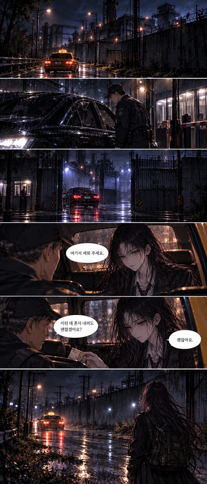 1.
Soyoung waits outside Seyoung Trading on a rainy night. She notices a suspicious man leaving the building and watches him carefully from a distance.
2.
The suspicious man enters a black car. Soyoung quickly gets into a taxi and asks the driver to follow the vehicle through the rain-soaked city.
3.
The taxi follows the black car away from the city toward an isolated industrial area surrounded by fences, concrete walls, and security lights.
4.
Soyoung arrives near the industrial facility and hides behind a concrete wall while observing guards and searching for a safe way to enter.
5.
Staying low to avoid detection, Soyoung examines the perimeter wall and discovers a damaged section that may provide an entry route.
6.
Soyoung slips through an opening in the wall and enters the restricted compound, cautiously moving between dark industrial buildings while avoiding security patrols.
7.
Inside the facility, Soyoung studies signs and sector markings while approaching the B4 area, una — page 4
