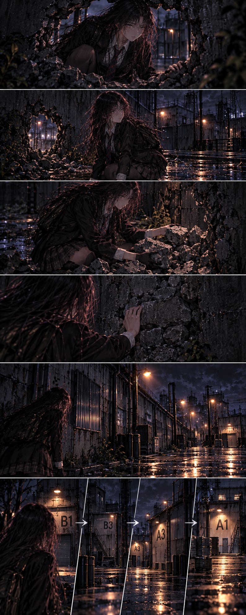 1.
Soyoung waits outside Seyoung Trading on a rainy night. She notices a suspicious man leaving the building and watches him carefully from a distance.
2.
The suspicious man enters a black car. Soyoung quickly gets into a taxi and asks the driver to follow the vehicle through the rain-soaked city.
3.
The taxi follows the black car away from the city toward an isolated industrial area surrounded by fences, concrete walls, and security lights.
4.
Soyoung arrives near the industrial facility and hides behind a concrete wall while observing guards and searching for a safe way to enter.
5.
Staying low to avoid detection, Soyoung examines the perimeter wall and discovers a damaged section that may provide an entry route.
6.
Soyoung slips through an opening in the wall and enters the restricted compound, cautiously moving between dark industrial buildings while avoiding security patrols.
7.
Inside the facility, Soyoung studies signs and sector markings while approaching the B4 area, una — page 6