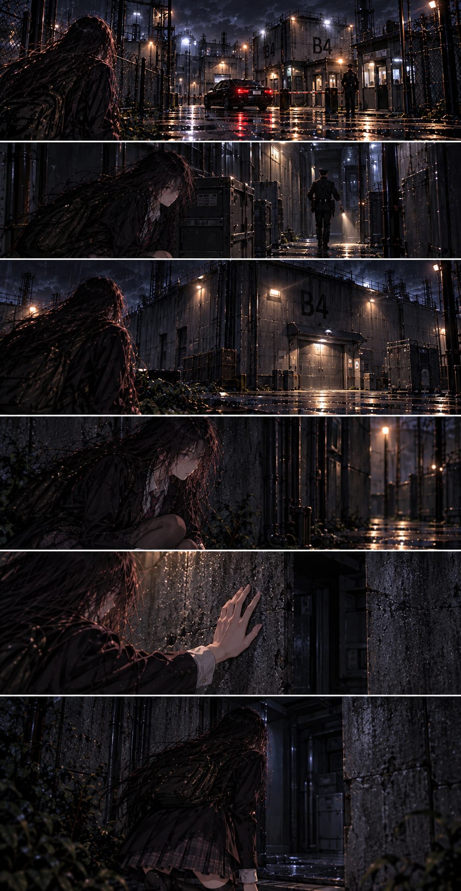 1.
Soyoung waits outside Seyoung Trading on a rainy night. She notices a suspicious man leaving the building and watches him carefully from a distance.
2.
The suspicious man enters a black car. Soyoung quickly gets into a taxi and asks the driver to follow the vehicle through the rain-soaked city.
3.
The taxi follows the black car away from the city toward an isolated industrial area surrounded by fences, concrete walls, and security lights.
4.
Soyoung arrives near the industrial facility and hides behind a concrete wall while observing guards and searching for a safe way to enter.
5.
Staying low to avoid detection, Soyoung examines the perimeter wall and discovers a damaged section that may provide an entry route.
6.
Soyoung slips through an opening in the wall and enters the restricted compound, cautiously moving between dark industrial buildings while avoiding security patrols.
7.
Inside the facility, Soyoung studies signs and sector markings while approaching the B4 area, una — page 7