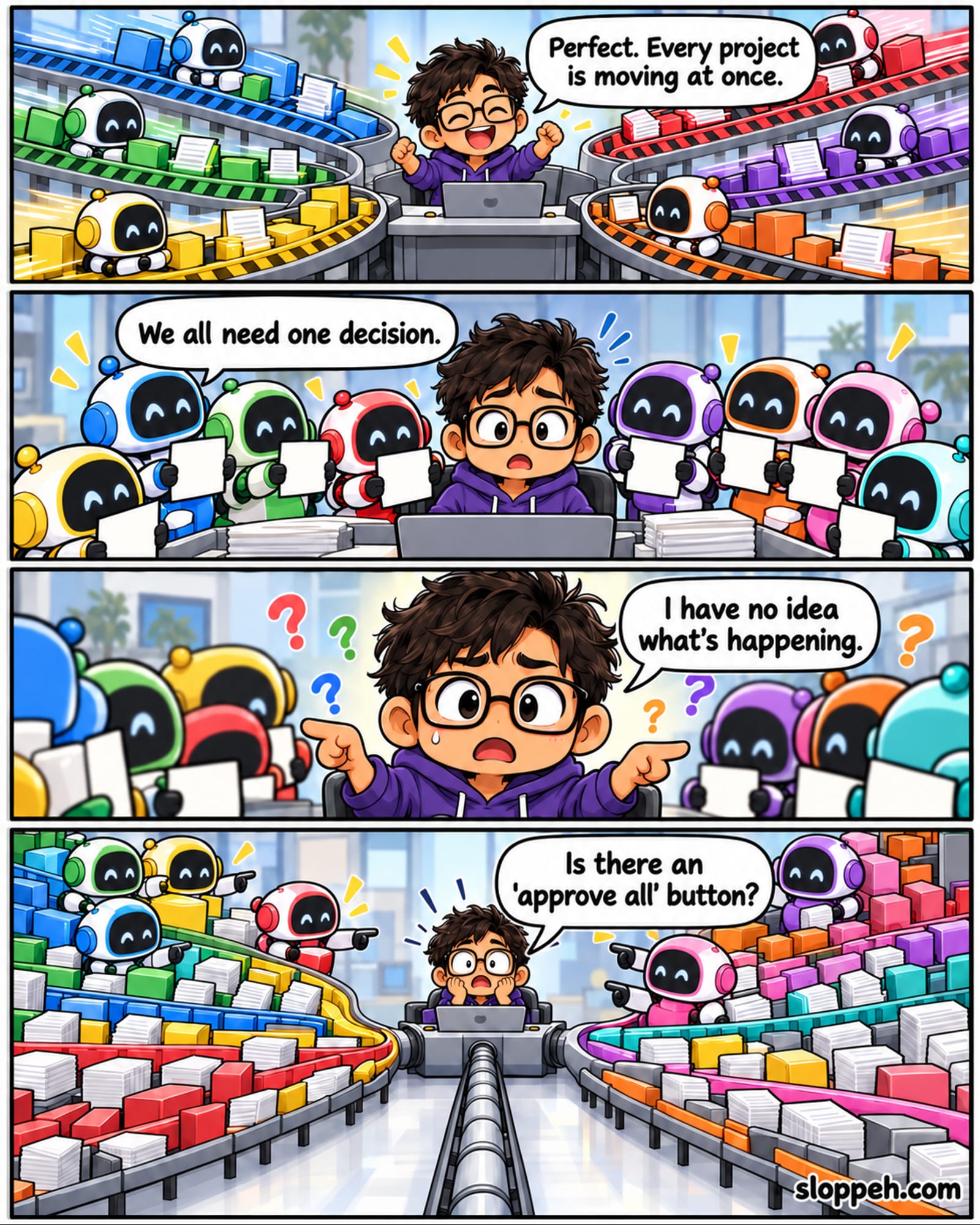 Four-panel bright chibi-anime comic in a fictional office control room. A bespectacled young developer with wavy dark hair and a purple hoodie celebrates as colorful conveyor lanes carry tiny rounded robot assistants and project boxes toward his laptop desk. He says, “Perfect. Every project is moving at once.” The assistants crowd around him holding white decision cards; the blue one says, “We all need one decision.” The puzzled developer points between the waiting robots and admits, “I have no idea what's happening.” In the last panel, boxes pile up along broad lanes that narrow at his desk. With hands against his cheeks, he asks, “Is there an 'approve all' button?” The final speech bubble points to him, while the robots patiently wait. The exact sloppeh.com watermark appears at bottom right.