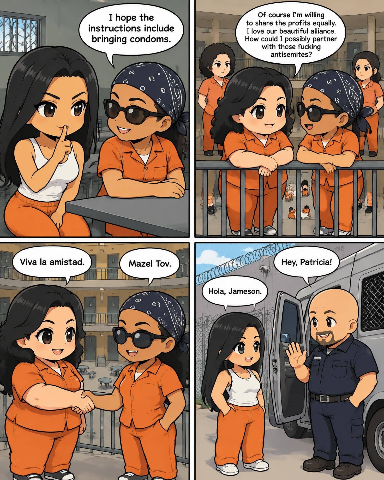 A four-panel digital comic drawn in an anime chibi style set in a women's prison. In panel one, an inmate in a white tank top and orange trousers shushes someone as an inmate with a bandana and sunglasses says, 'I hope the instructions include bringing condoms.' In panel two, an inmate speaks to the bandana-wearing inmate from a prison balcony, saying, 'Of course I'm willing to share the profits equally. I love our beautiful alliance. How could I possibly partner with those fucking antisemites?' In panel three, the two inmates shake hands, exchanging 'Viva la amistad' and 'Mazel Tov.' In panel four, the inmate in the white tank top meets a smiling, bald prison guard by a van outside, greeting each other with 'Hola, Jameson' and 'Hey, Patricia!'