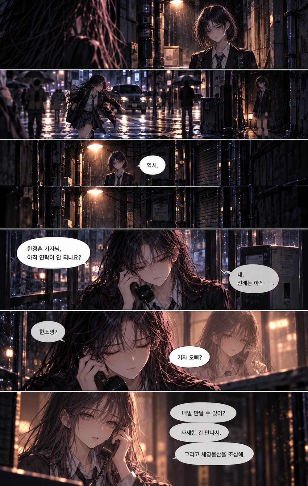 7. 07.png  
   A dark-haired schoolgirl waits outside Seyoung Trading late at night in the rain. She spots a suspicious man leaving the building and decides to follow him.
8. 08.png  
   The girl watches the man get into a black car, then quickly enters a taxi and asks the driver to follow it through the rain-soaked city.
9. 09.png  
   The taxi follows the black car to a heavily guarded industrial complex. The girl gets out alone near the perimeter wall and watches the taxi drive away.
10. 10.png  
    Hiding beside the concrete wall, the girl discovers a damaged opening and crawls through it into the restricted industrial compound.
11. 11.png  
    Inside the dark facility, the girl quietly moves between buildings and studies the sector markings, tracing a route through areas labeled B1, B3, A3, and A1.
12. 12.png  
    The girl reaches the B4 sector while avoiding security patrols. She finds a concealed entrance in the concrete structure and slips inside, ending the episode on a ten — page 5