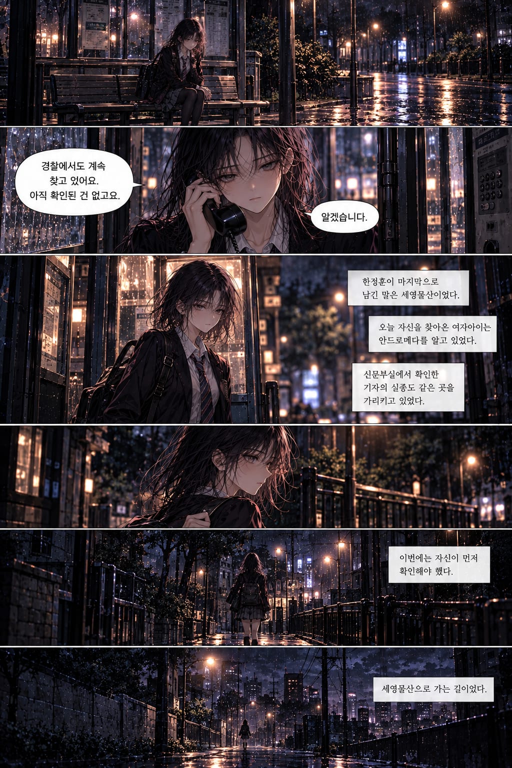 7. 07.png  
   A dark-haired schoolgirl waits outside Seyoung Trading late at night in the rain. She spots a suspicious man leaving the building and decides to follow him.
8. 08.png  
   The girl watches the man get into a black car, then quickly enters a taxi and asks the driver to follow it through the rain-soaked city.
9. 09.png  
   The taxi follows the black car to a heavily guarded industrial complex. The girl gets out alone near the perimeter wall and watches the taxi drive away.
10. 10.png  
    Hiding beside the concrete wall, the girl discovers a damaged opening and crawls through it into the restricted industrial compound.
11. 11.png  
    Inside the dark facility, the girl quietly moves between buildings and studies the sector markings, tracing a route through areas labeled B1, B3, A3, and A1.
12. 12.png  
    The girl reaches the B4 sector while avoiding security patrols. She finds a concealed entrance in the concrete structure and slips inside, ending the episode on a ten — page 6