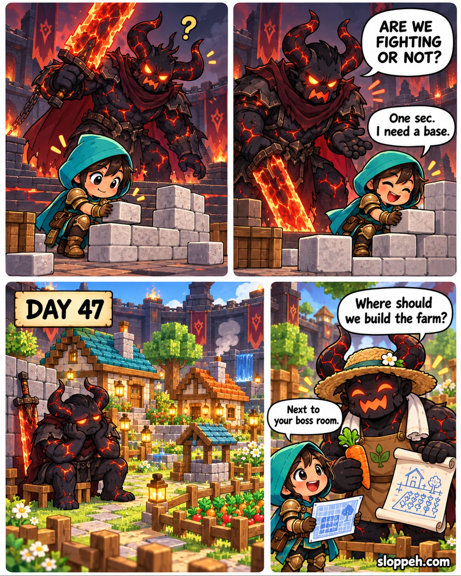 Four-panel chibi-anime comic. In a fiery dark-fantasy arena, a tiny adventurer in a teal hood stacks pale stone blocks while a huge horned ember boss waits behind them with a flaming sword. The boss asks whether they are fighting, and the smiling adventurer says they need a base first. A time jump labeled Day 47 reveals that the arena has become a bright block-built village. In the final panel, the former boss wears a straw gardening hat, holds a carrot and a farm plan, and asks where to build the farm. The adventurer answers, ‘Next to your boss room.’ The watermark sloppeh.com appears at bottom right.