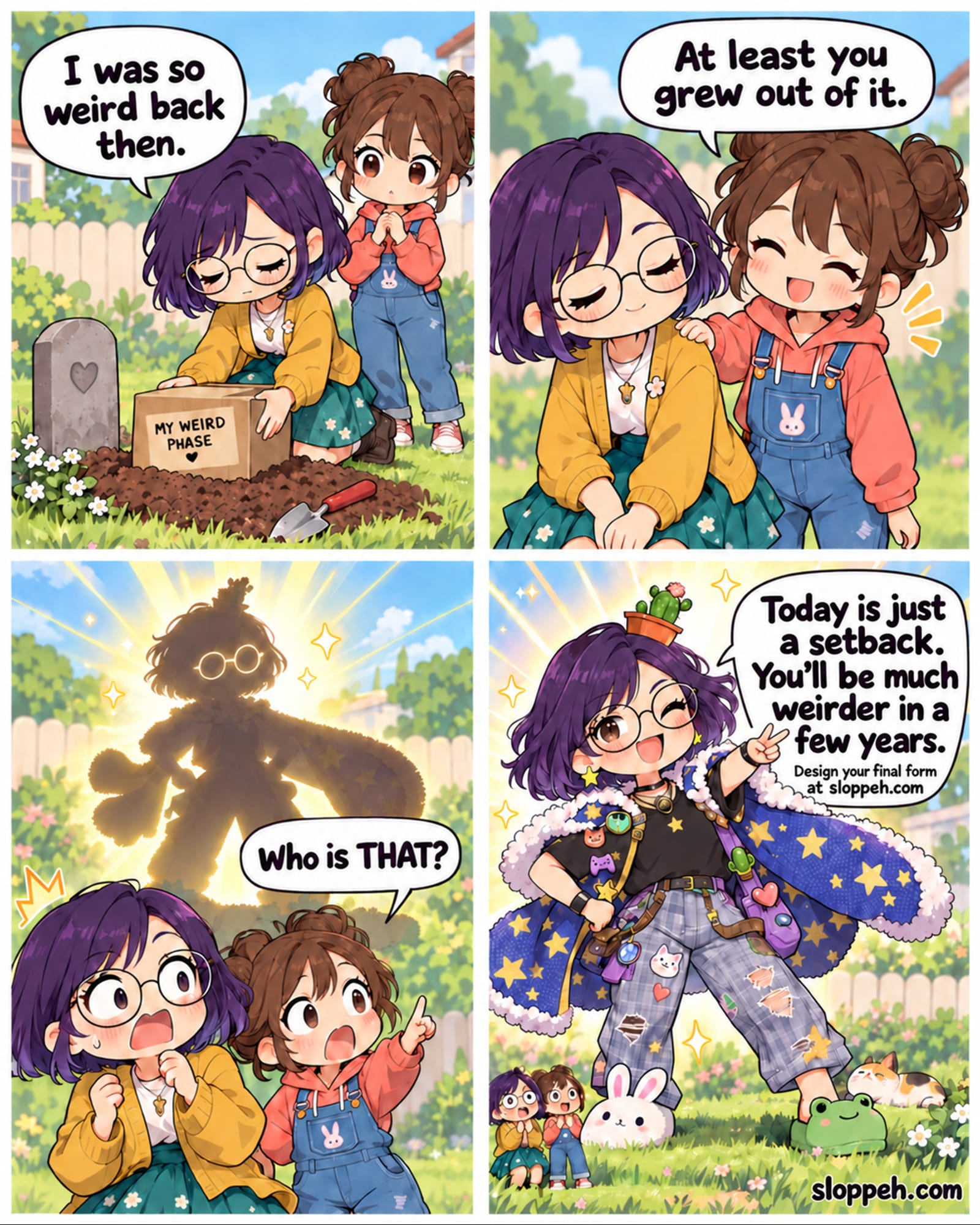 Four-panel chibi-anime comic in a sunny backyard. A purple-haired woman buries a box labeled “My Weird Phase” and says, “I was so weird back then.” Her friend says, “At least you grew out of it.” A glowing silhouette appears and the friend asks, “Who is THAT?” The woman's extravagant future self, wearing a starry cape, animal slippers, hobby pins, and a cactus hat, says, “Today is just a setback. You'll be much weirder in a few years.” The comic invites viewers to design their final form at sloppeh.com.
