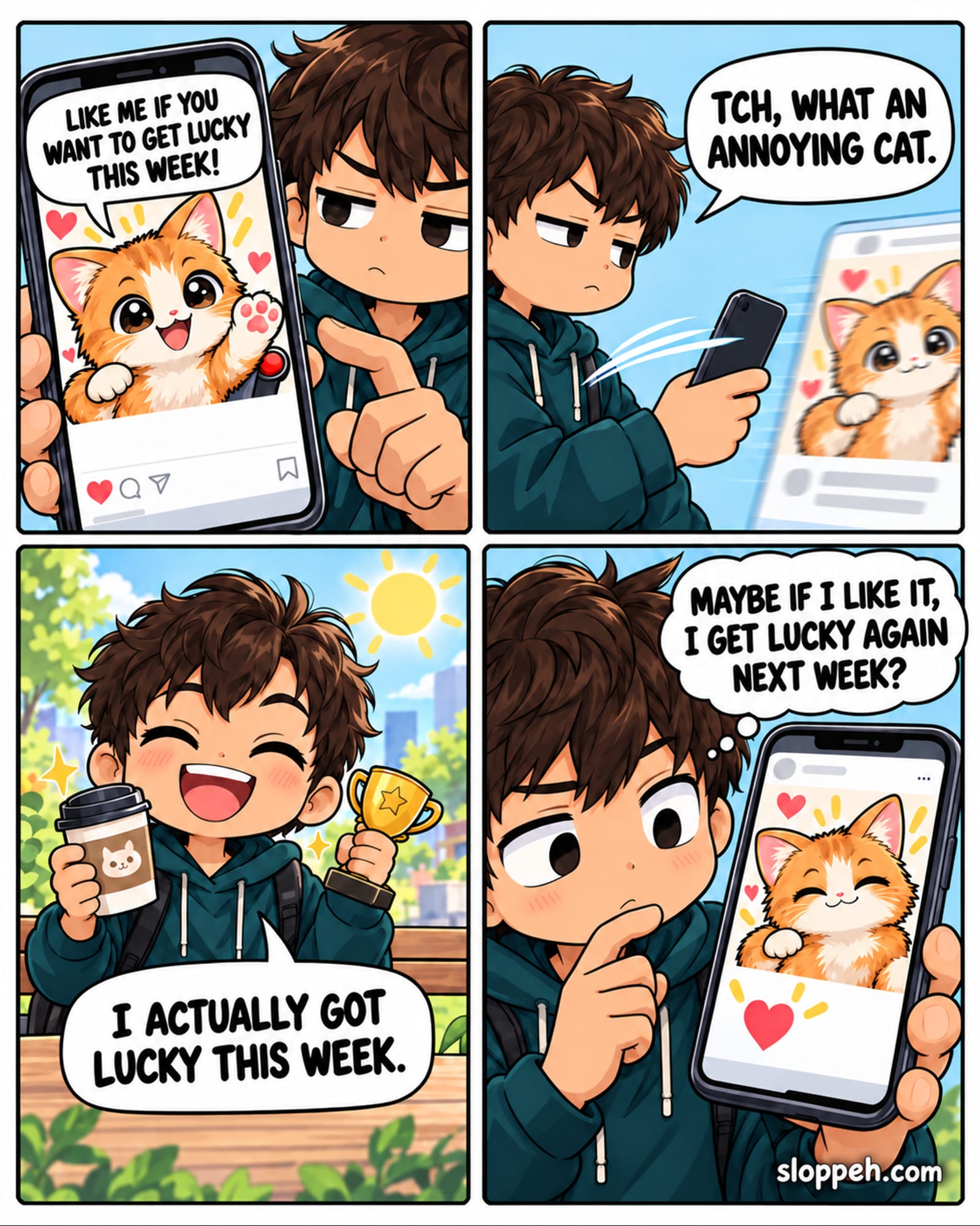 Four-panel chibi comic. A skeptical creator sees a cute orange kitten on a phone saying, “Like me if you want to get lucky this week.” The creator rolls their eyes, calls the cat annoying, and swipes past. The creator then has a lucky week with sunshine, coffee, and a trophy. In the final panel, the creator returns to the smiling kitten post and wonders whether liking it will bring luck again next week.