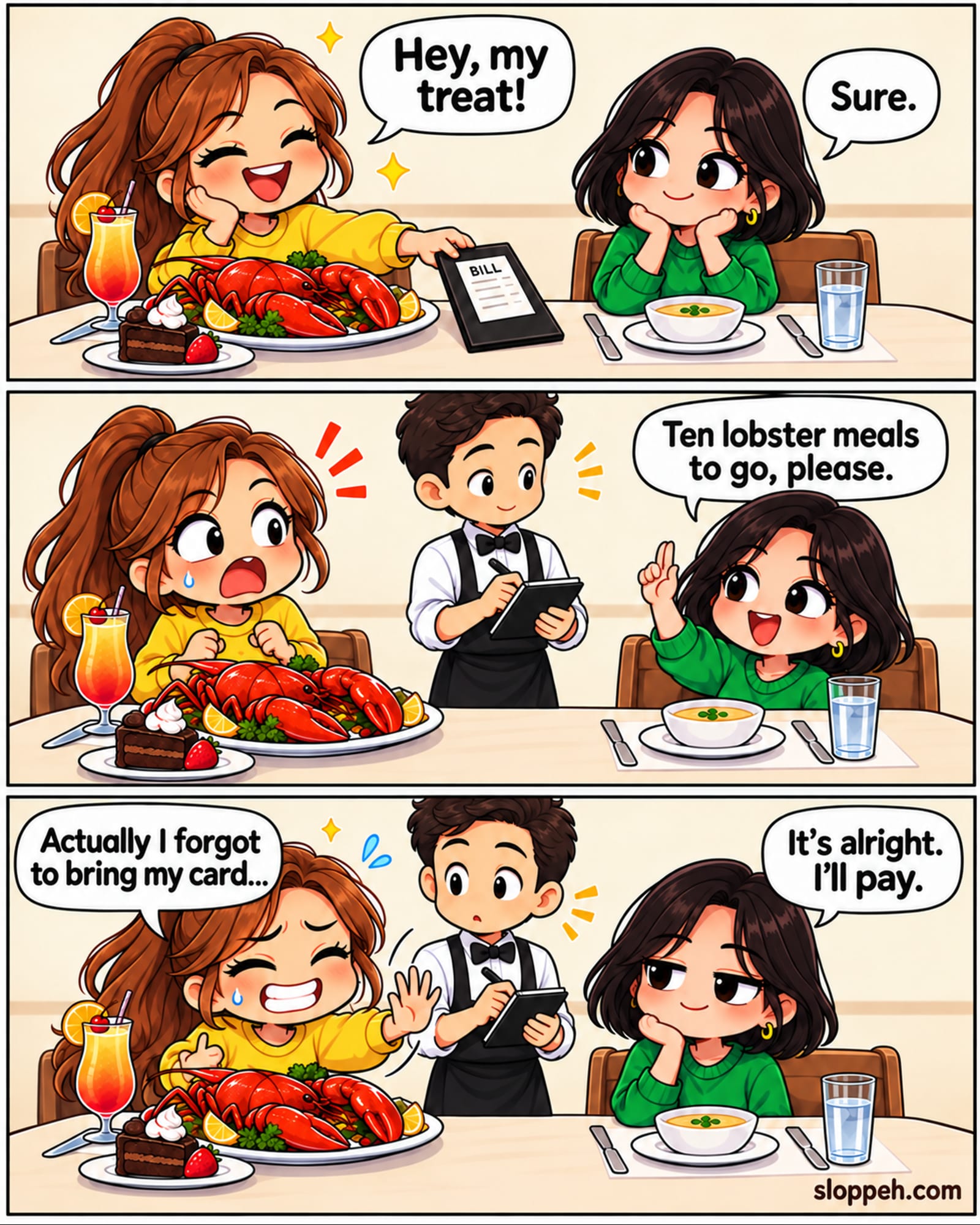 Three-panel chibi-anime restaurant comic. A woman in yellow with a lobster platter, fancy drink and cake says, “Hey, my treat!” Her friend in green, with soup and water, replies, “Sure.” Green then asks a waiter, “Ten lobster meals to go, please.” Yellow looks shocked. In the bottom panel, yellow nervously raises her hand and says, “Actually I forgot to bring my card...” Green calmly replies, “It's alright. I'll pay.” The waiter holds his notepad between them. A sloppeh.com watermark appears at bottom right.