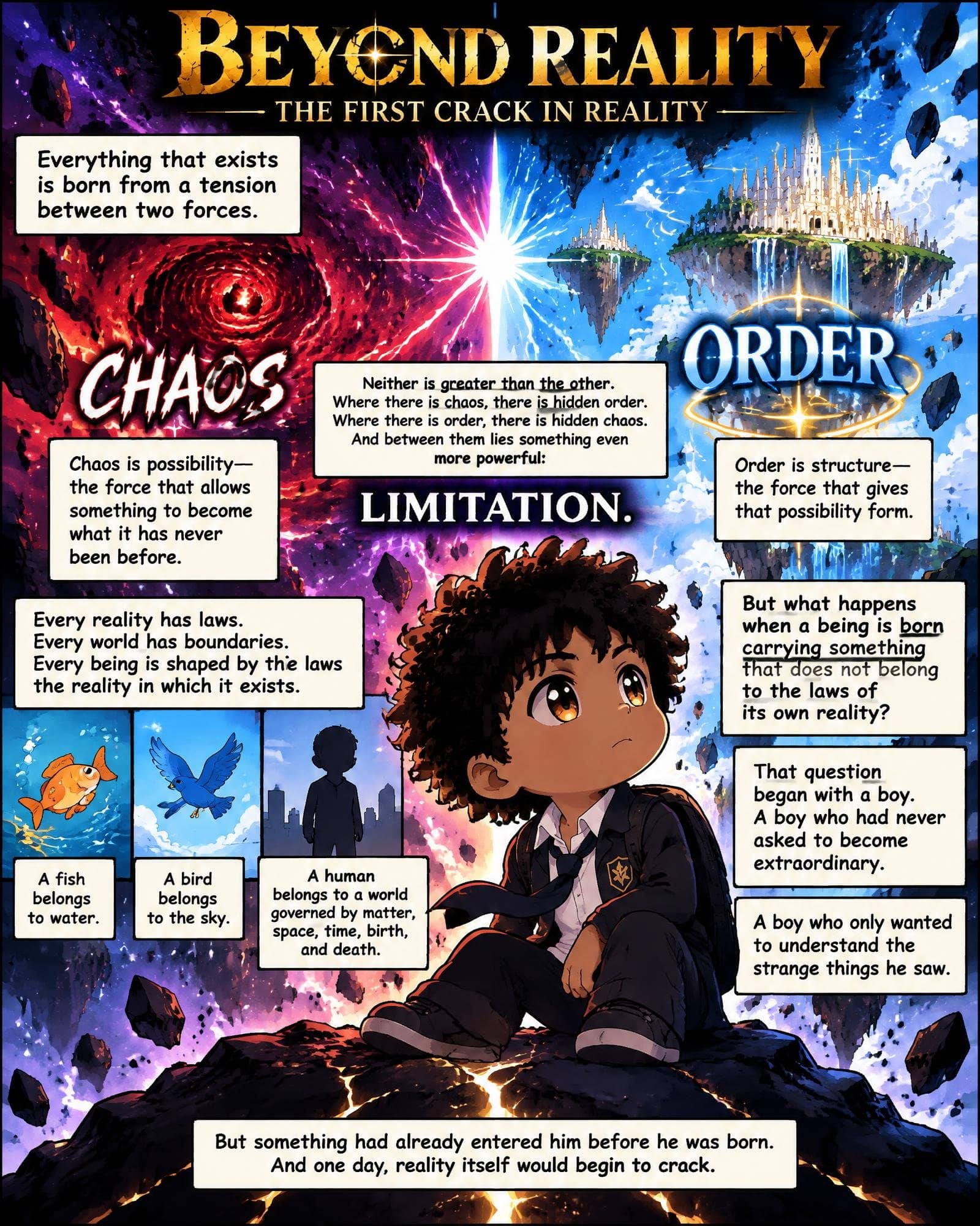 A digital comic book page titled 'BEYOND REALITY: THE FIRST CRACK IN REALITY'. The top half splits between a swirling red vortex labeled 'CHAOS' and floating fantasy crystal castles labeled 'ORDER', divided by a bright glowing rift labeled 'LIMITATION'. Below, a young anime-style boy with dark curly hair and a school blazer sits against a cosmic landscape of floating rocks. Inset panels depict an orange fish, a blue bird, and a human silhouette, with narrative text explaining the laws of reality and a boy born with an anomalous power from beyond.