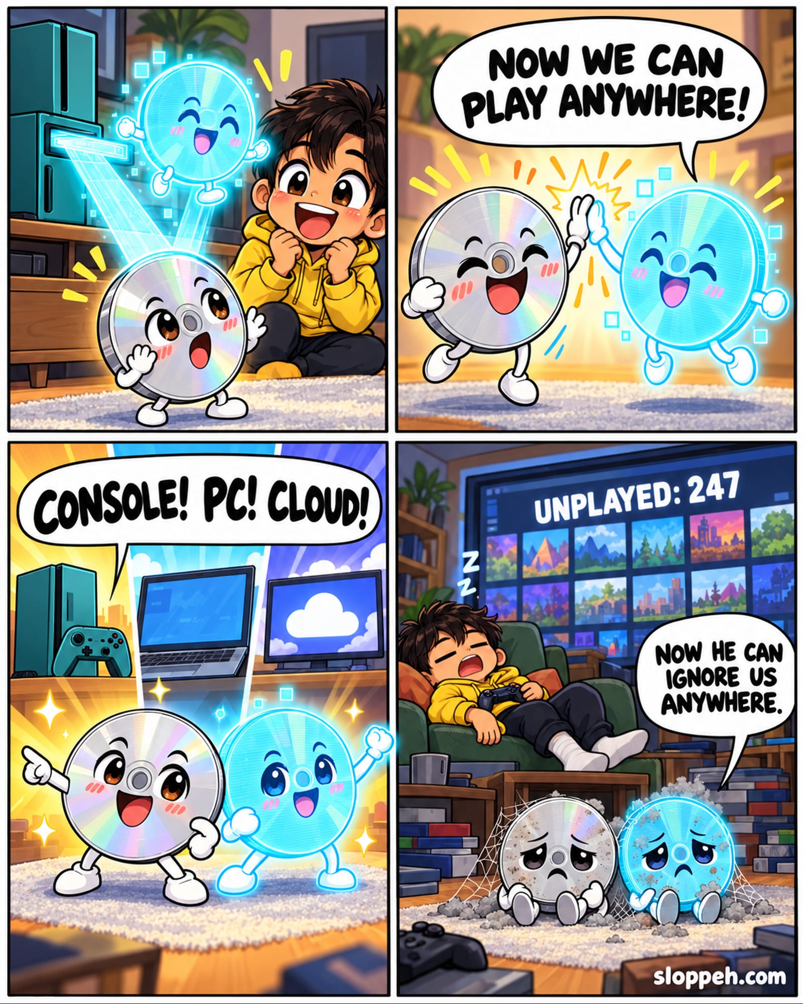 Four-panel chibi-anime comic in a cozy gaming room. A teal console pulls a smiling cyan digital twin from a silver physical game disc while a yellow-hoodie gamer watches. The twins high-five: 'Now we can play anywhere!' They pose before console, PC and cloud screens. The gamer then sleeps beneath 'UNPLAYED: 247' while the dusty twins say, 'Now he can ignore us anywhere.' Watermark: sloppeh.com.