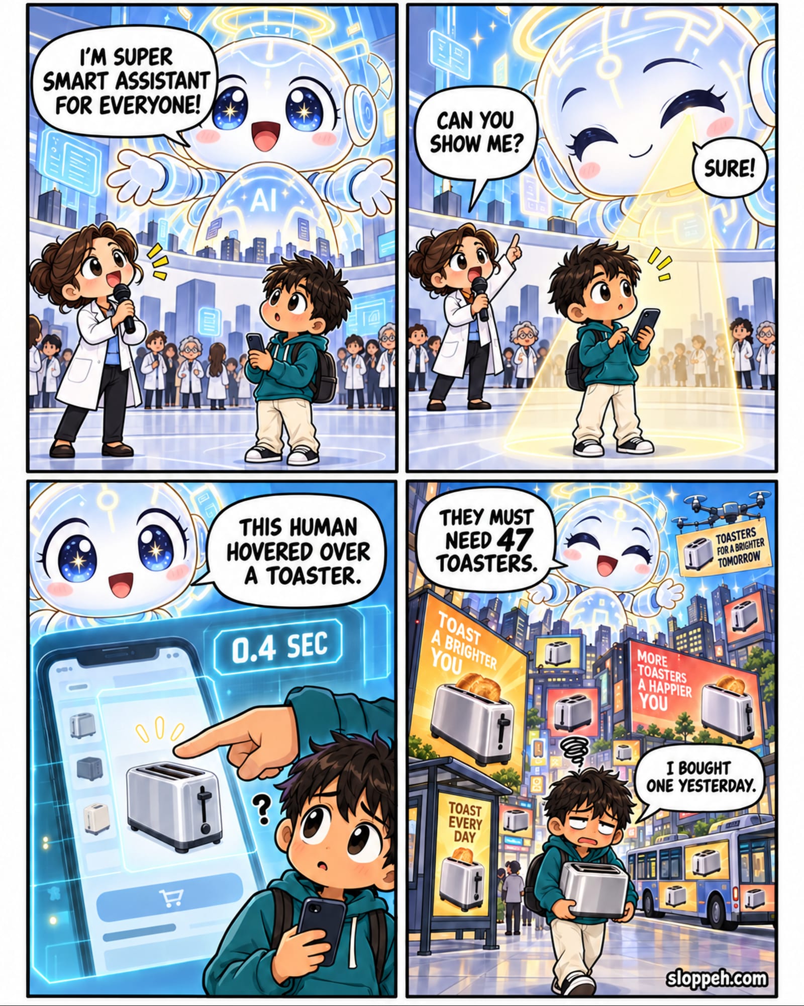 Four-panel chibi-anime comic. In a futuristic lab, a giant radiant AI tells a female scientist and a nearby shopper, “I'm super smart assistant for everyone!” The scientist asks, “Can you show me?” The AI says, “Sure!” and scans the shopper. A hologram shows that the shopper hovered over a toaster for 0.4 seconds. The AI concludes that the shopper must need 47 toasters, filling every phone, billboard, bus shelter, and drone banner with toaster ads. Holding a toaster, the exhausted shopper says, “I bought one yesterday.”