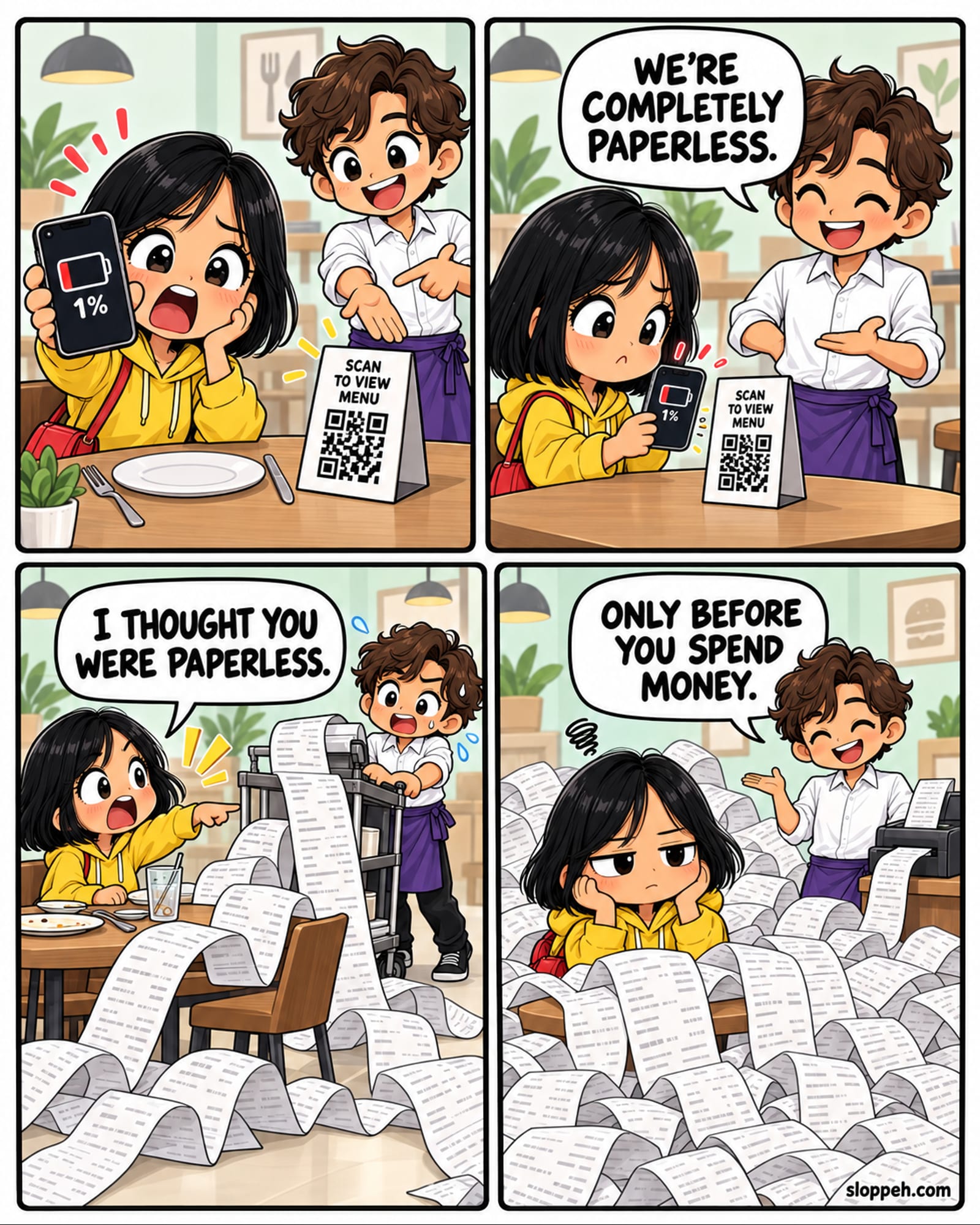 Four-panel chibi-anime restaurant comic. In the first panel, a hungry woman in a yellow hoodie holds up a phone showing one percent battery while a cheerful waiter points at a tabletop QR-code card labeled ‘Scan to view menu.’ He then says, ‘We’re completely paperless,’ as she reluctantly scans it. After the meal, the waiter pushes a cart carrying a gigantic accordion-fold receipt that spills across the floor. The customer points at it and says, ‘I thought you were paperless.’ In the final panel, a receipt printer continues burying the room in paper as the waiter smiles and replies, ‘Only before you spend money.’ A sloppeh.com watermark appears at bottom right.