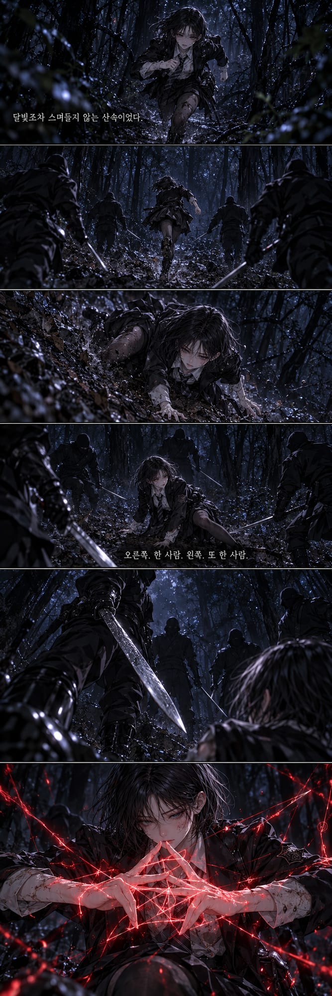 01.png
A dark-haired teenage boy runs through a moonlit forest while several armed figures chase him. He falls, becomes surrounded, and unleashes a glowing red supernatural power.
02.png
Red energy erupts across the forest as the boy fights back. The scene transitions into a devastated city beneath a blood-red sky, suggesting a catastrophic future or nightmare.
03.png
A blue feather drifts over the ruins before the boy wakes suddenly in his cluttered bedroom. A small blue holographic rabbit alarm appears beside him as he realizes it was a dream.
04.png
The teenage boy gets ready for school in a room covered with newspaper clippings and investigation notes about strange incidents, missing people, and a mysterious company called Seyoung Trading.
05.png
On his way to school, the boy encounters a mysterious female student in a narrow sunlit alley. They exchange a brief conversation before she walks away, leaving him confused.
06.png
After school, the boy sits with two classmates — page 1