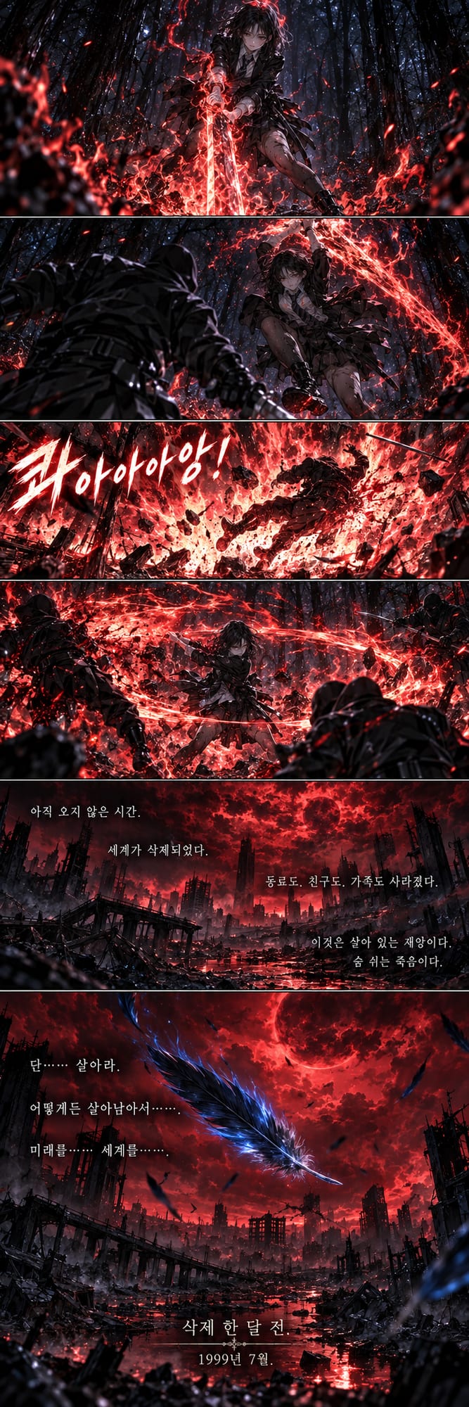 01.png
A dark-haired teenage boy runs through a moonlit forest while several armed figures chase him. He falls, becomes surrounded, and unleashes a glowing red supernatural power.
02.png
Red energy erupts across the forest as the boy fights back. The scene transitions into a devastated city beneath a blood-red sky, suggesting a catastrophic future or nightmare.
03.png
A blue feather drifts over the ruins before the boy wakes suddenly in his cluttered bedroom. A small blue holographic rabbit alarm appears beside him as he realizes it was a dream.
04.png
The teenage boy gets ready for school in a room covered with newspaper clippings and investigation notes about strange incidents, missing people, and a mysterious company called Seyoung Trading.
05.png
On his way to school, the boy encounters a mysterious female student in a narrow sunlit alley. They exchange a brief conversation before she walks away, leaving him confused.
06.png
After school, the boy sits with two classmates — page 2