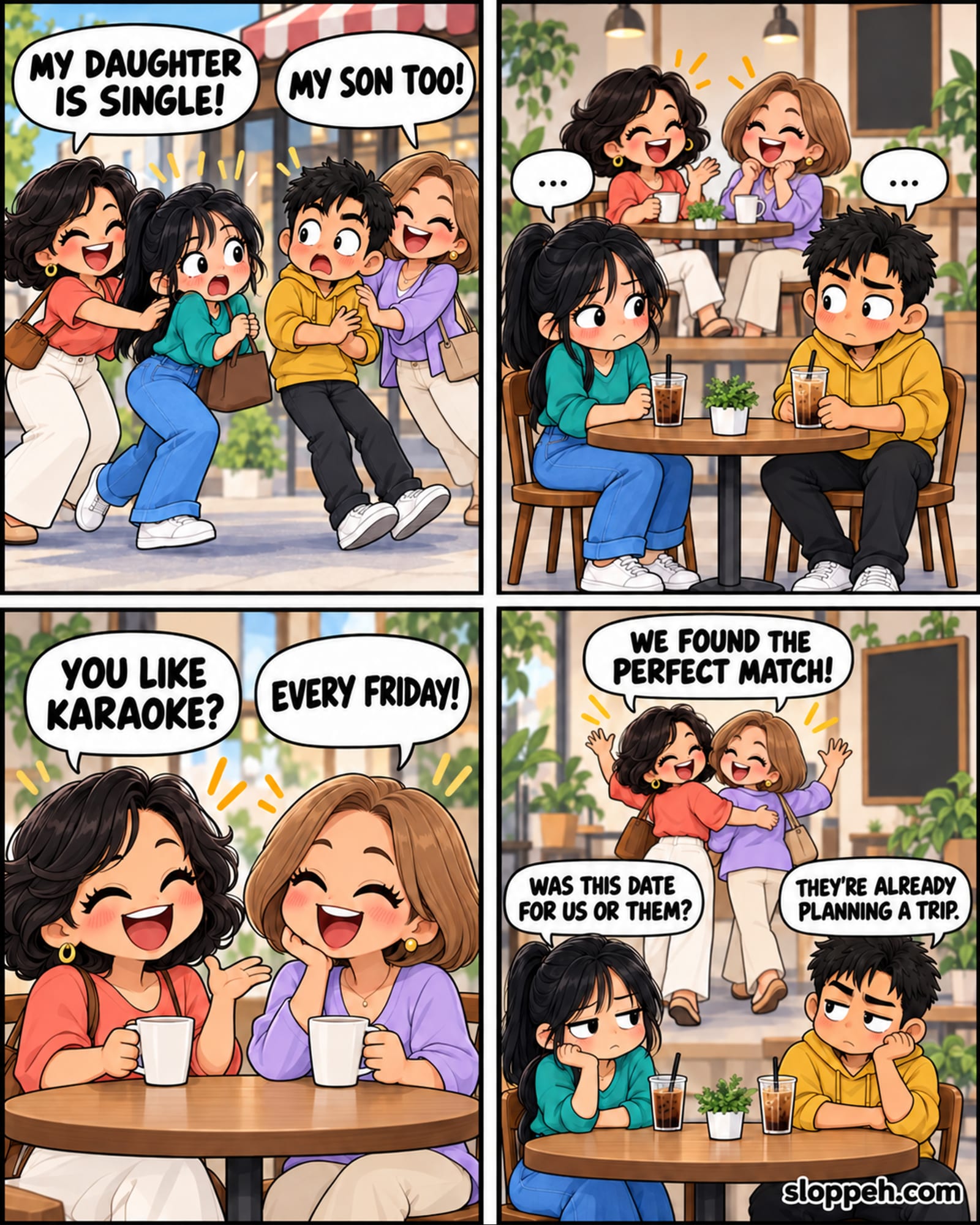 Four-panel chibi-anime comic outside and inside a small café. Two cheerful mothers push their reluctant adult daughter and son toward each other while announcing that both are single. The young adults sit across a tiny table in painful silence as their mothers begin chatting behind them. The mothers discover they both love karaoke and laugh over drinks. In the final panel, the mothers walk away arm-in-arm, saying they found the perfect match, while the abandoned daughter asks whether the date was for the children or their mothers and the son notes that the mothers are already planning a trip.