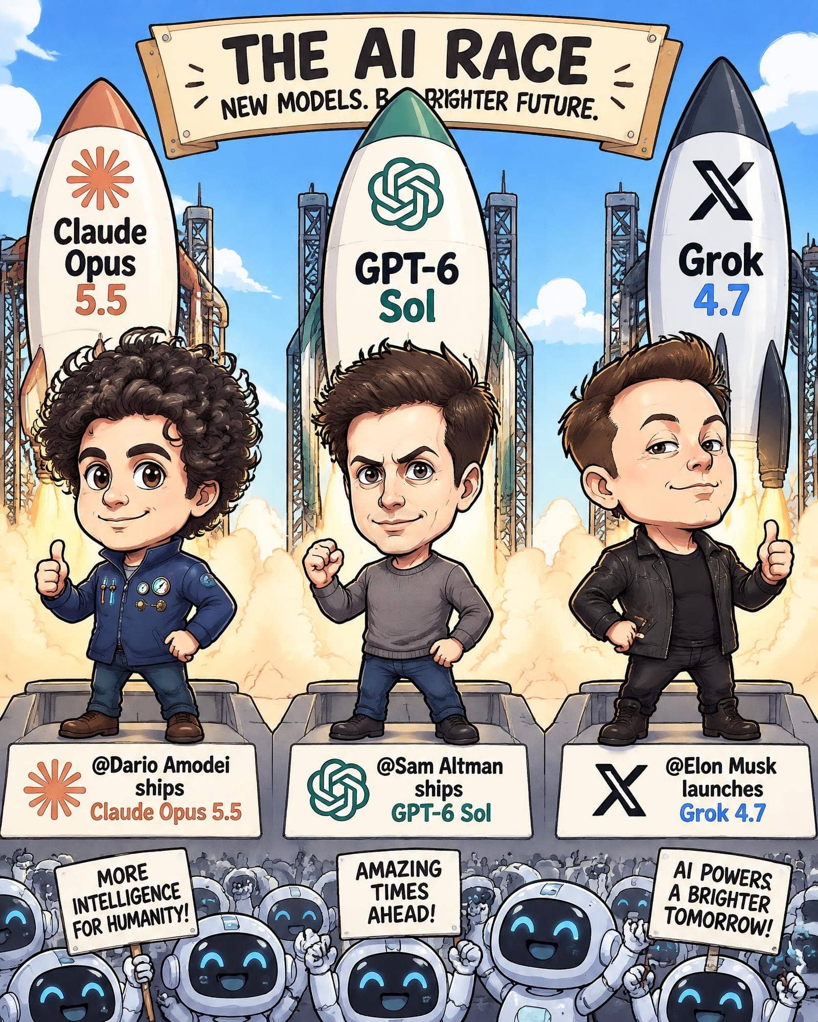 A colorful comic illustration titled 'THE AI RACE: NEW MODELS. BRIGHTER FUTURE.' shows caricature versions of Dario Amodei, Sam Altman, and Elon Musk standing proudly on launchpads. Behind each leader is a launching rocket with logos and labels: Anthropic's 'Claude Opus 5.5' for Amodei, OpenAI's 'GPT-6 Sol' for Altman, and xAI's 'Grok 4.7' for Musk. In the foreground, a cheering crowd of small, smiling blue-and-white robots holds signs that read 'MORE INTELLIGENCE FOR HUMANITY!', 'AMAZING TIMES AHEAD!', and 'AI POWERS A BRIGHTER TOMORROW!'.