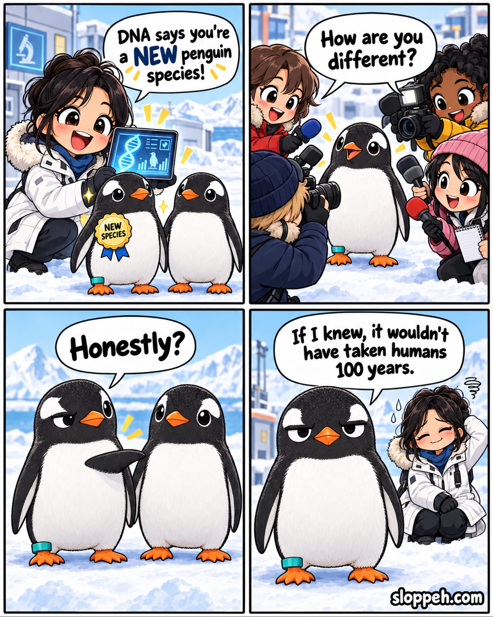 Four-panel chibi comic in an Antarctic research station. A scientist shows a DNA result and tells one of two nearly identical gentoo penguins that it is a new species. Reporters ask how it is different. The banded penguin points at the other, then deadpans: ‘If I knew, it wouldn’t have taken humans 100 years.’ Watermark: sloppeh.com.