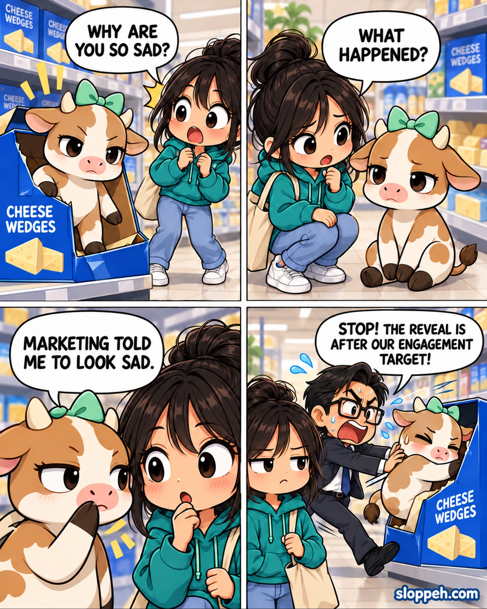 Four-panel chibi-anime comic in a grocery cheese aisle. A surprised shopper in a teal hoodie sees an original tan-and-white cow mascot with a mint bow looking sad inside a generic Cheese Wedges package and asks, “Why are you so sad?” The shopper kneels and asks what happened. The cow whispers, “Marketing told me to look sad.” In the final panel, a frantic marketing executive pushes the embarrassed cow back toward the package and shouts that the reveal comes after the engagement target, while the shopper stares deadpan.