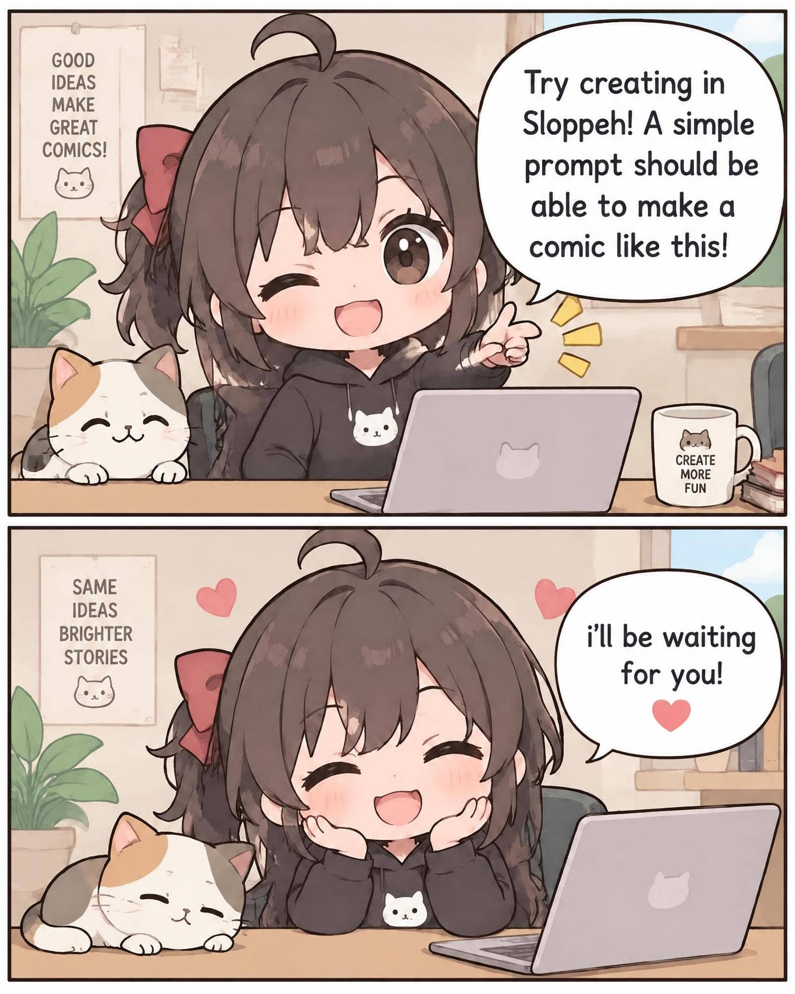 Chibi Anime Girl Encouraging Comic Creation with Cat