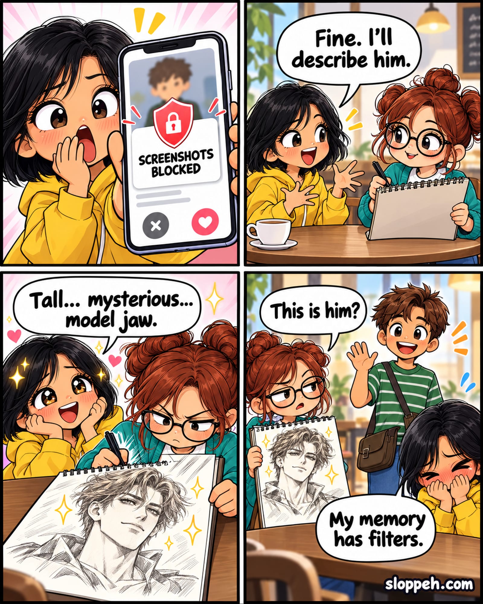 Four-panel chibi-anime comic in a bright cafe. A woman in a yellow hoodie gasps as a generic dating profile on her phone is covered by a red privacy shield reading ‘Screenshots blocked.’ She tells her glasses-wearing friend that she will describe the man instead. The friend becomes intensely focused like a forensic artist while the woman says he is tall, mysterious, and has a model jaw; the sketch looks like a glamorous anime prince. In the final panel, a normal friendly man in the same green striped shirt arrives and waves. The friend holds up the idealized sketch and asks whether this is him. The embarrassed woman replies that her memory has filters.