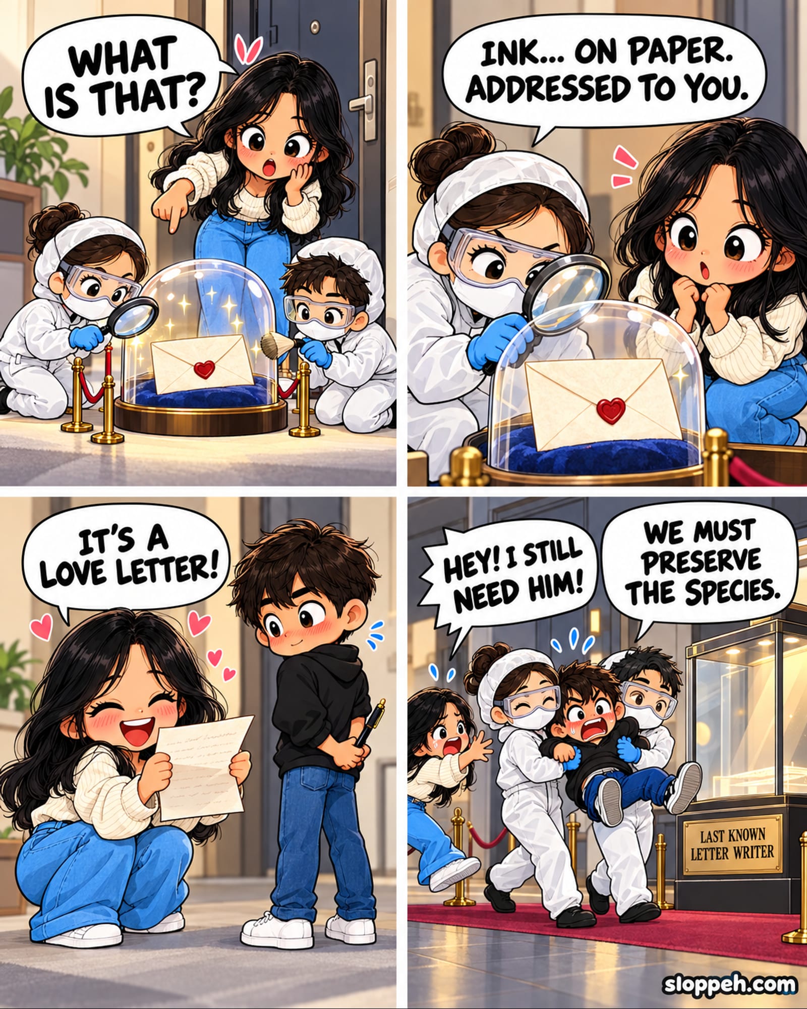 Four-panel chibi-anime comic. Museum-conservation workers inspect a glowing handwritten love letter beneath a glass dome, identify ink on paper addressed to a surprised woman, then try to preserve her boyfriend as the last known letter writer while she protests that she still needs him.