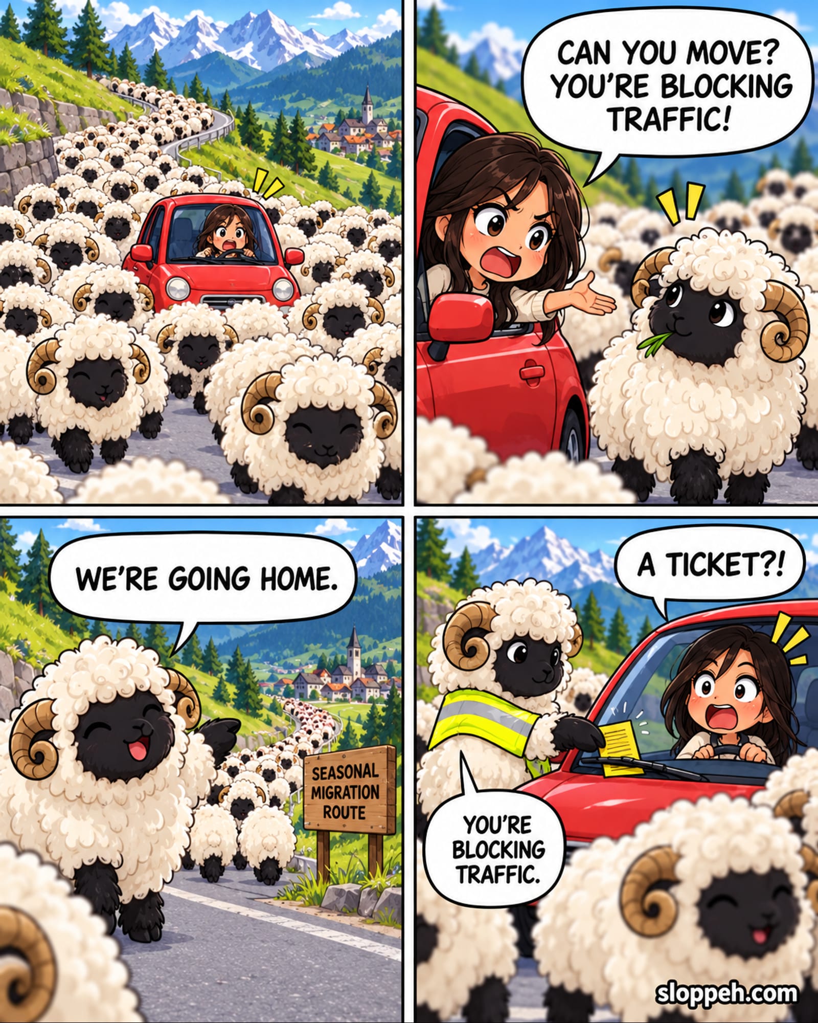 Four-panel chibi-anime comic on a sunny Alpine mountain road. In the first panel, a startled woman sits inside a tiny red car completely surrounded by a huge moving flock of extremely fluffy white sheep with black faces and curled horns. In the second panel, the driver leans out and accuses a calm sheep of blocking traffic. In the third panel, the smiling lead sheep says the flock is going home while a wooden sign reads “Seasonal Migration Route” and the long procession continues toward a village. In the final panel, a sheep traffic warden wearing a reflective sash places a yellow ticket under the car's windshield wiper. The shocked driver asks, “A ticket?!” and the sheep replies, “You're blocking traffic.” The watermark “sloppeh.com” appears at bottom right.