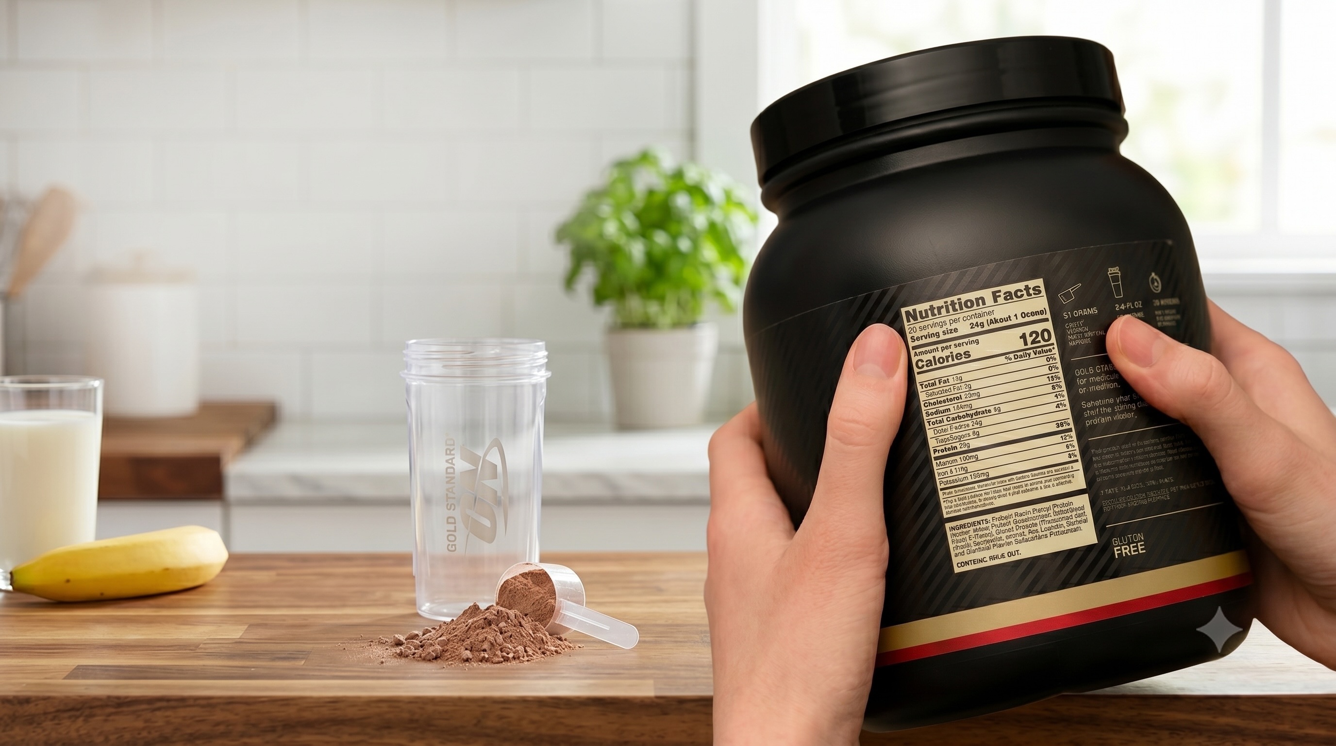 Persona revisando la etiqueta nutricional de un suplemento en polvo junto a un vaso mezclador, leche y plátano.