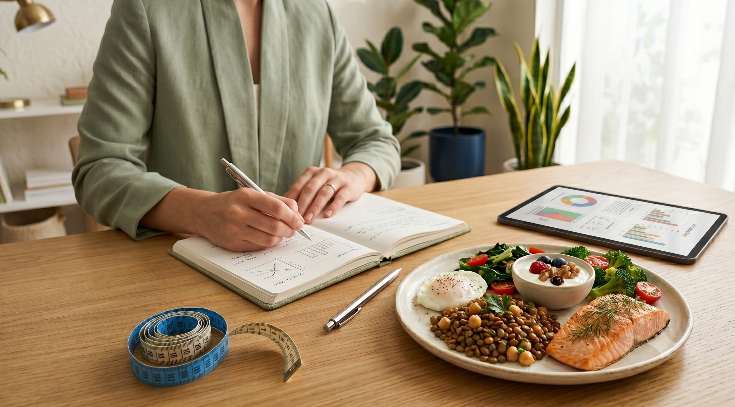 Escritorio de consulta nutricional con libreta, tablet y alimentos ricos en proteína de distintas fuentes.