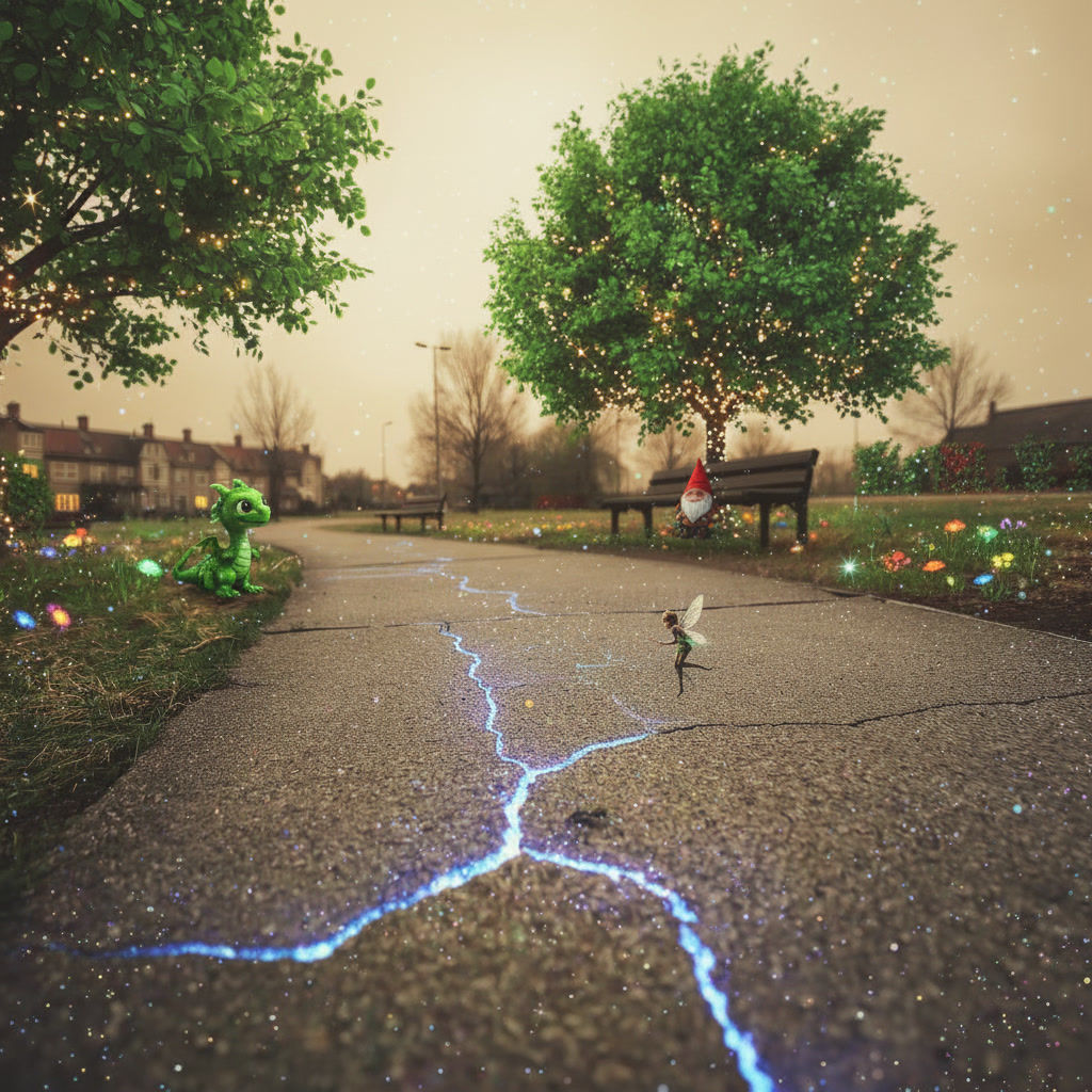 Samme parksti forvandlet til et magisk eventyrland med lysende spor, en grøn drage og feer.