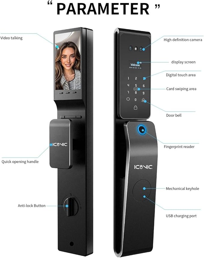ICONIC X10 Smart Door Lock with Camera & Video Intercom (Face ID, Palmprint, Fingerprint, Passcode, Card, Key, Tuya App) 3