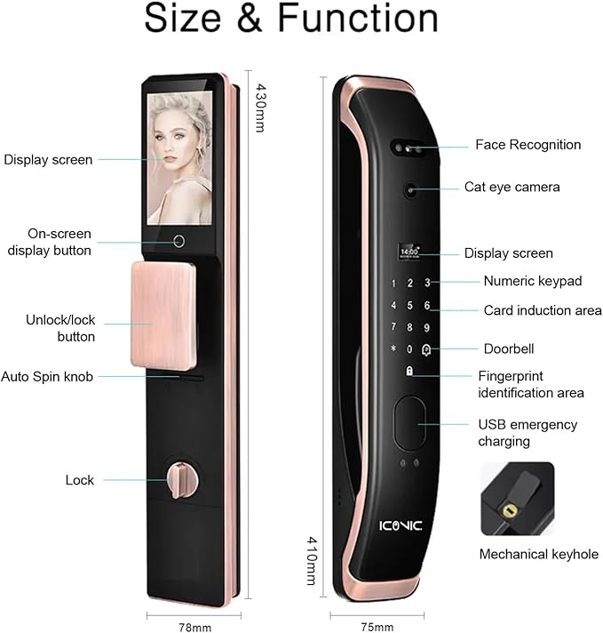 ICONIC X30 Smart Door Lock with Camera and Live Video Talk, Works with Face ID, Fingerprint, Palm, Password, TUYA Phone App, Magnetic Cards, Security Key 2