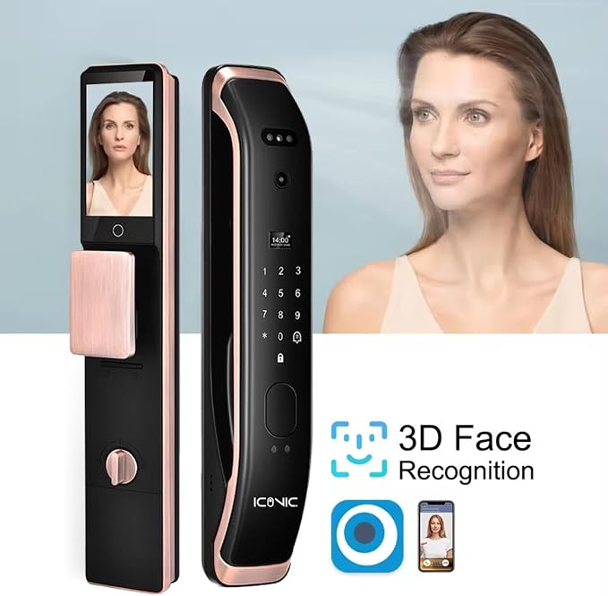 ICONIC X30 Smart Door Lock with Camera and Live Video Talk, Works with Face ID, Fingerprint, Palm, Password, TUYA Phone App, Magnetic Cards, Security Key 4
