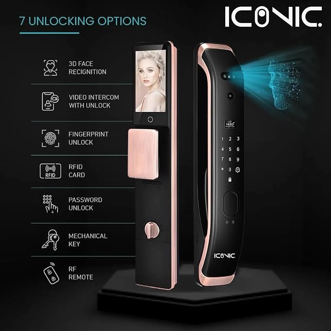 ICONIC X30 Smart Door Lock with Camera and Live Video Talk, Works with Face ID, Fingerprint, Palm, Password, TUYA Phone App, Magnetic Cards, Security Key 6