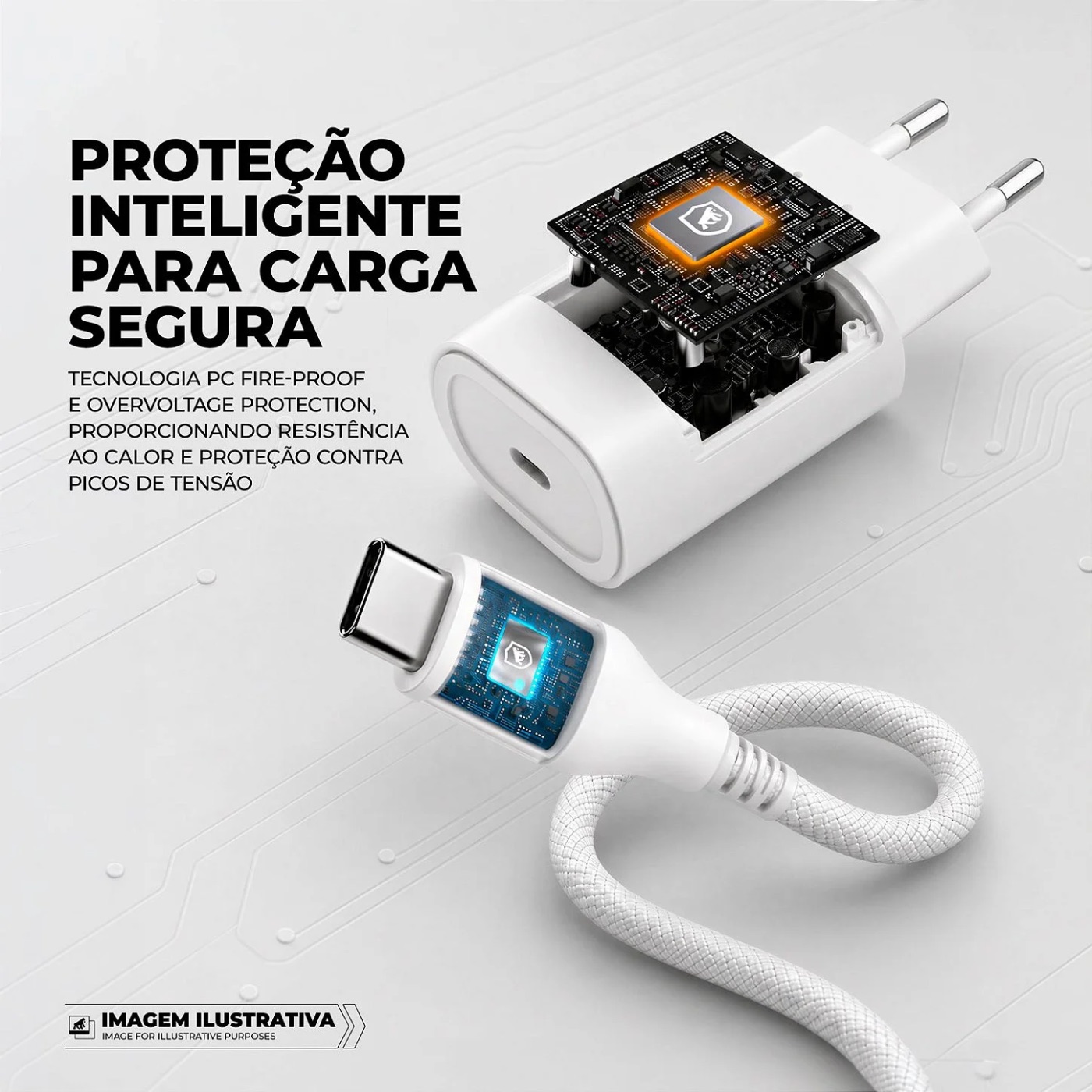 CARREGADOR DE PAREDE TURBO TIPO C 25W + CABO DUAL ARMOR TIPO C/ TIPO C 1M REVESTIDO EM NYLON BALÍSTICO COM PROTEÇÃO CONTRA SOBRECARGA E TECNOLOGIA OVERVOLTAGE PROTECTION