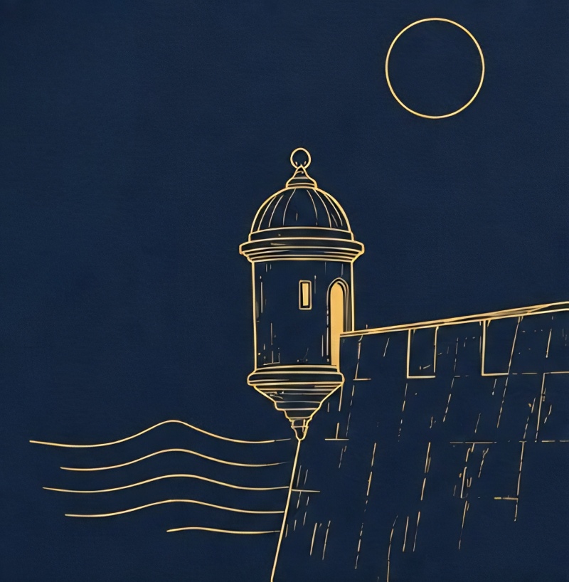 Gold line drawing of a garita on the fortress walls of Old San Juan