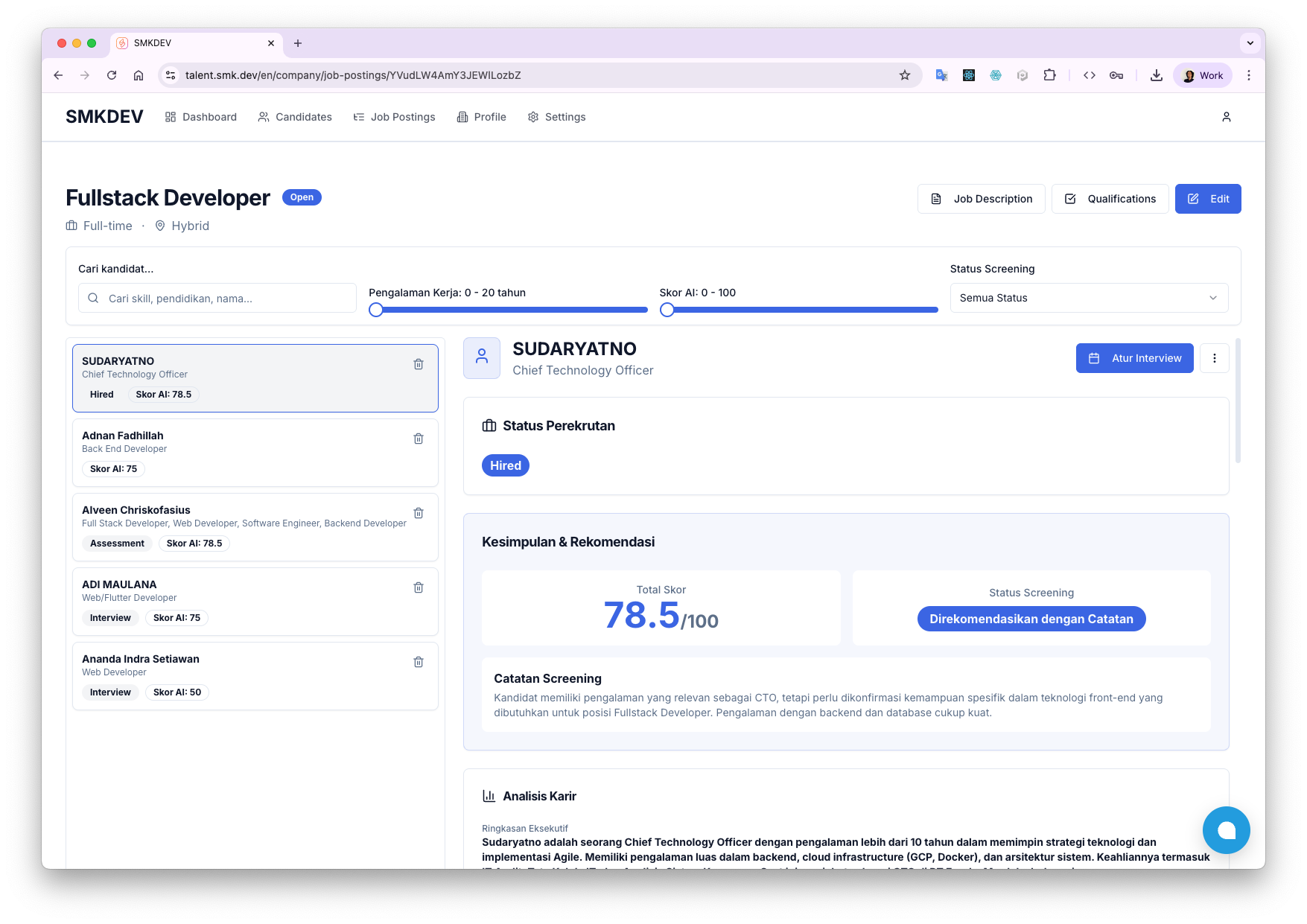 Dasbor yang menampilkan analitik kandidat.