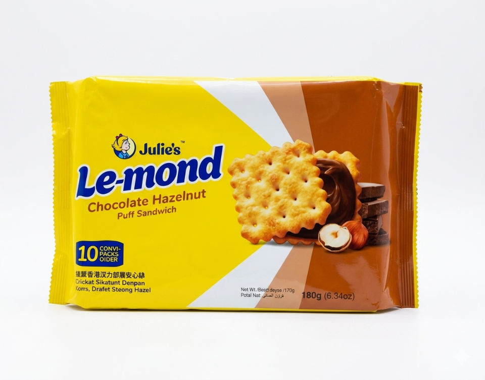 JULIES LE-MOND CHOCOLAT HAZELNUT PUFF SANDWICH 180GM