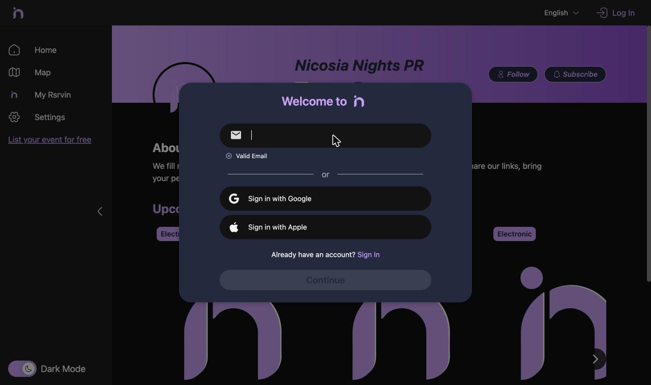 The RSRVIN sign up screen with email, Google, and Apple options