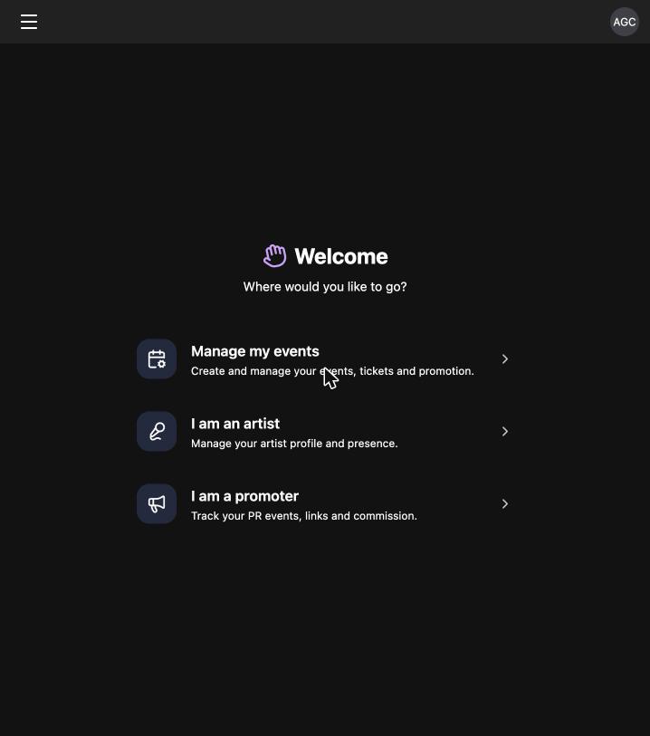 The RSRVIN management welcome screen with the option to continue as an artist