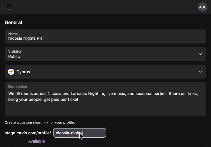 The RSRVIN promoter profile form with name, visibility, country, description, and short link