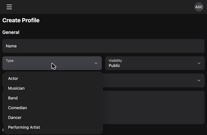 The artist type dropdown on RSRVIN showing actor, musician, band, comedian, dancer, and performing artist