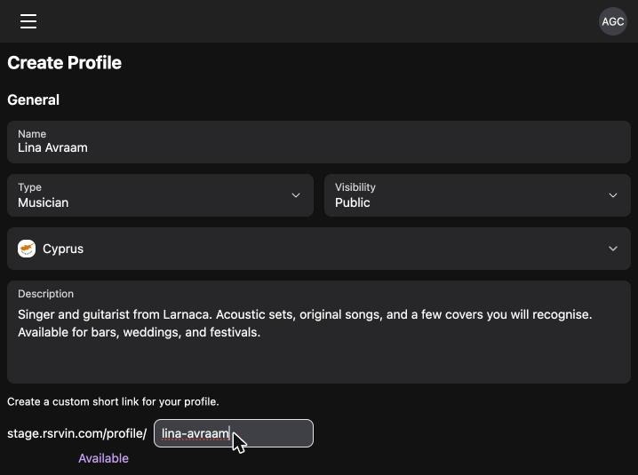 The RSRVIN create profile form with name, type, country, description, and short link filled in
