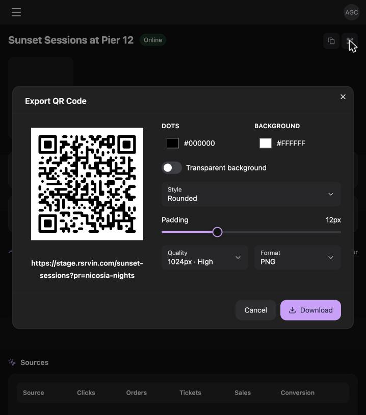 The RSRVIN QR code export panel showing the promoter's tracked link and styling options