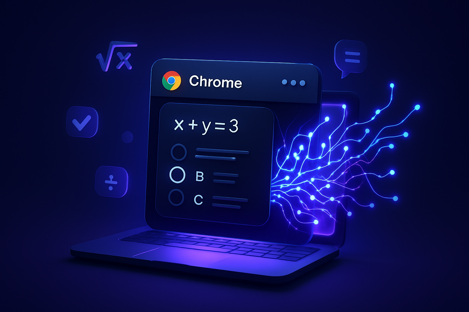 A glowing AI-powered browser extension interface floating above a laptop screen with math equations and quiz bubbles surrounding it