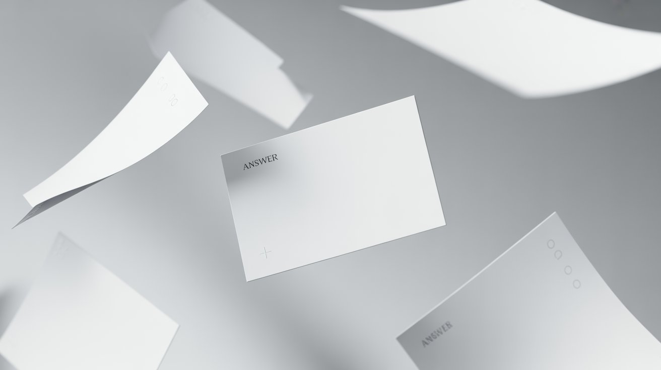 Alt text: Minimal monochrome abstract scene with several white paper-like sheets floating in soft gray space, centered around a rectangular card labeled “ANSWER,” creating a clean, airy, premium editorial feel.