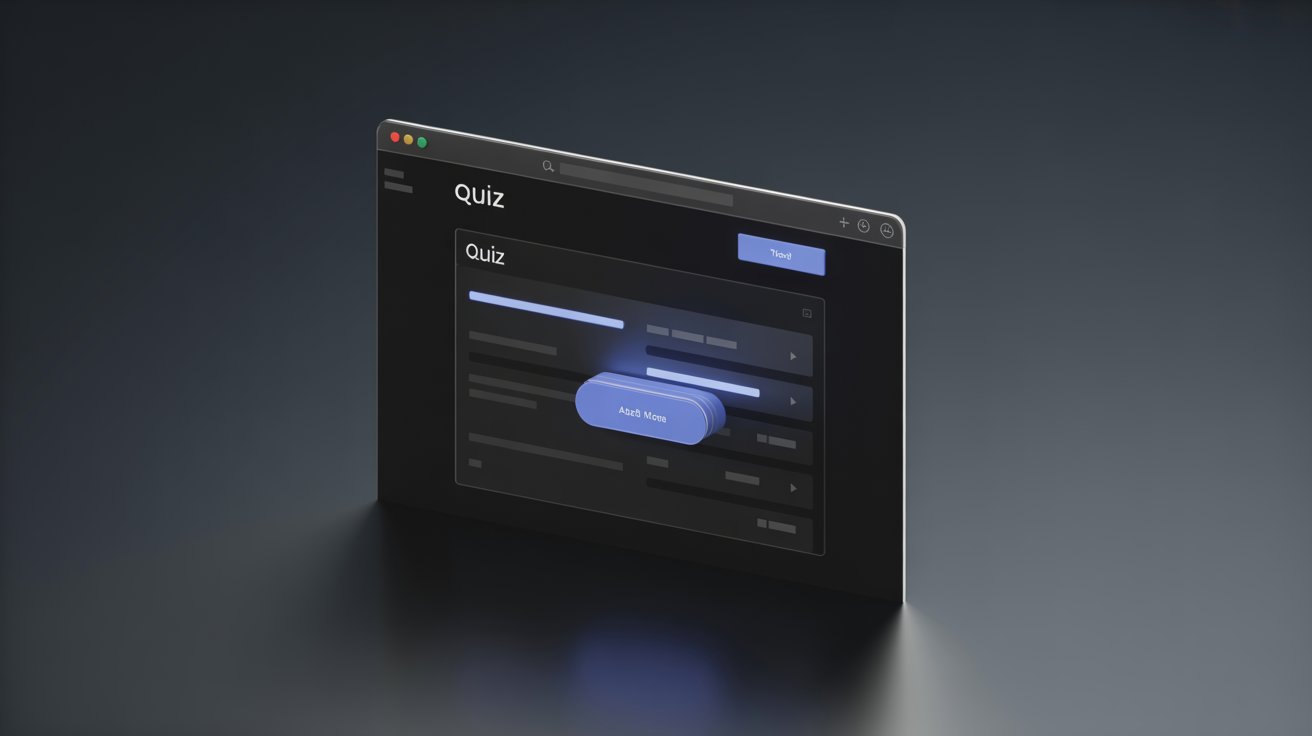Minimalist laptop screen showing an online quiz with a small glowing AI assistant icon in the corner, representing a discreet browser extension helping a student