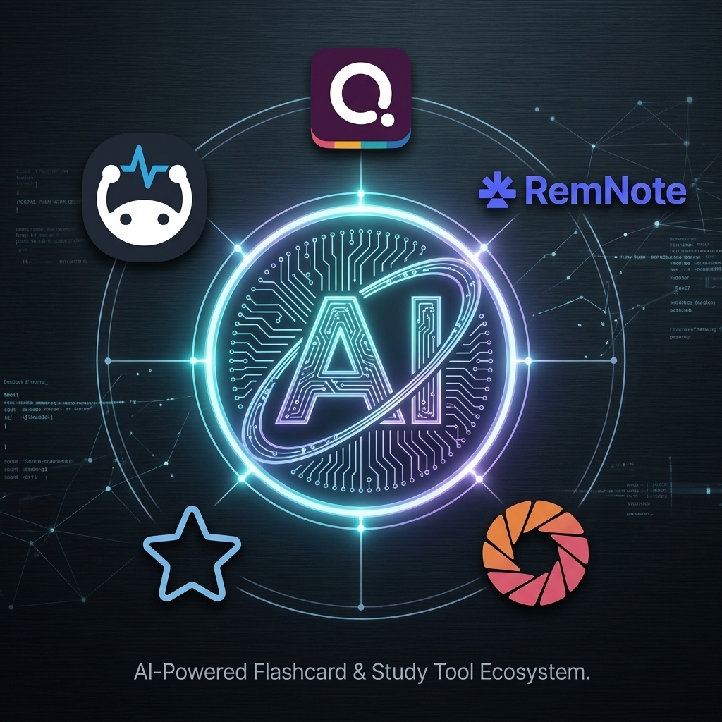 Five colorful study app icons arranged in a circle around a glowing AI symbol on a dark background, representing different digital flashcard and study tools
