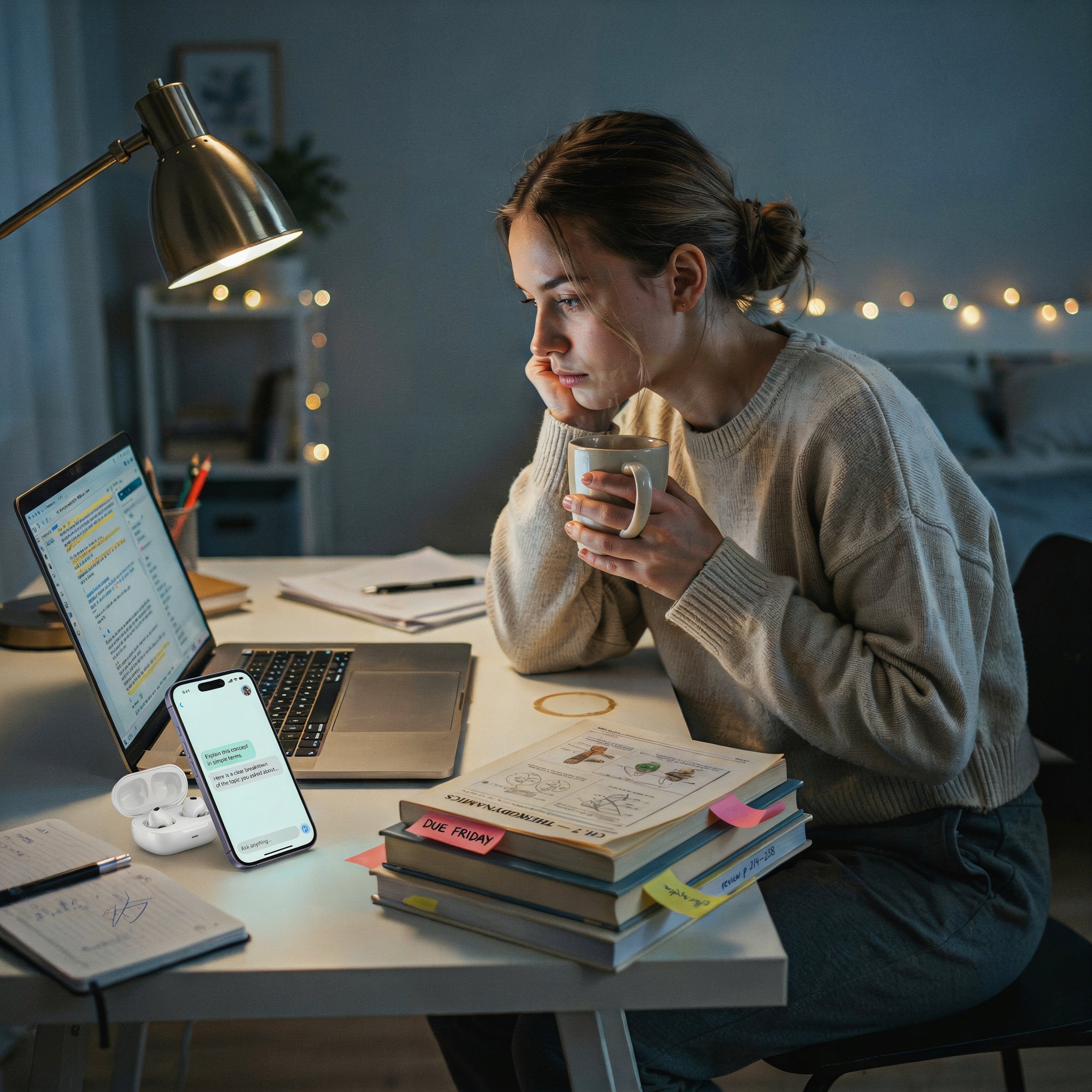 Student studying late at night at a modern desk with a laptop, textbooks, sticky notes, and an AI assistant interface glowing on a smartphone screen